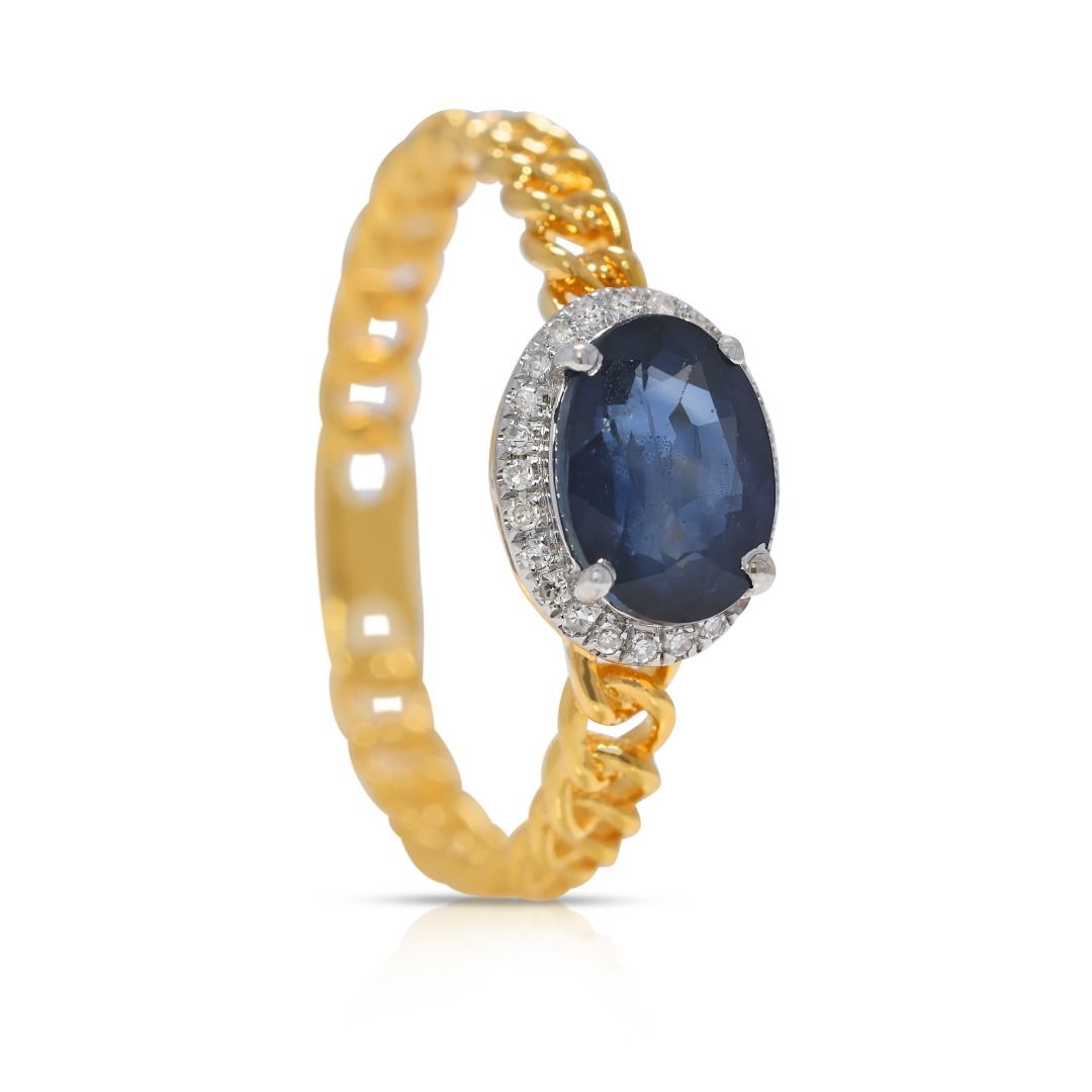 Sophisticated 0.75ct Blue Sapphire and Natural Diamonds Halo Ring in 18K Yellow Gold