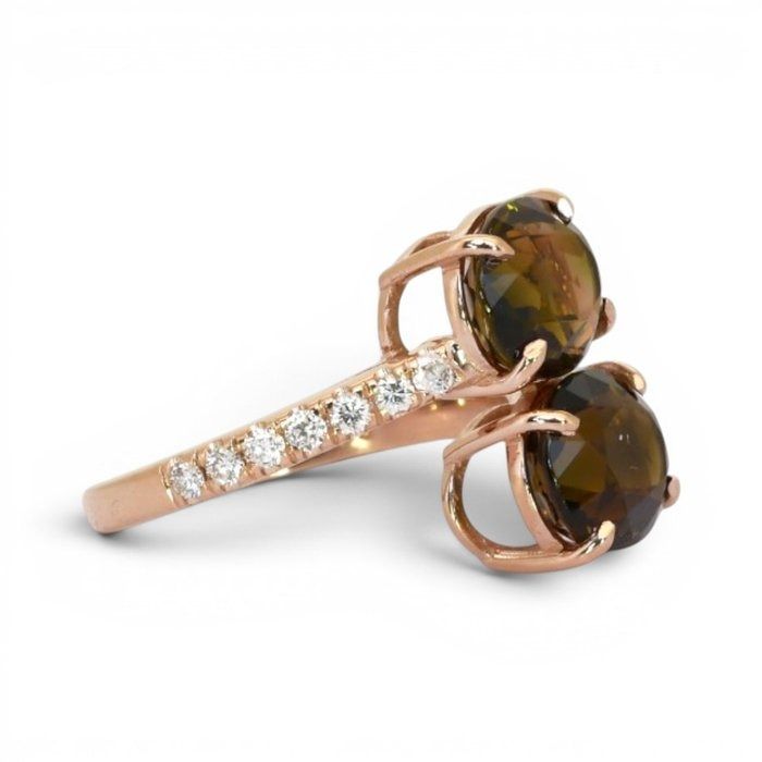 5.48 Carats IGI Certified Natural Diamonds and Tourmaline 14k Rose Gold Ring
