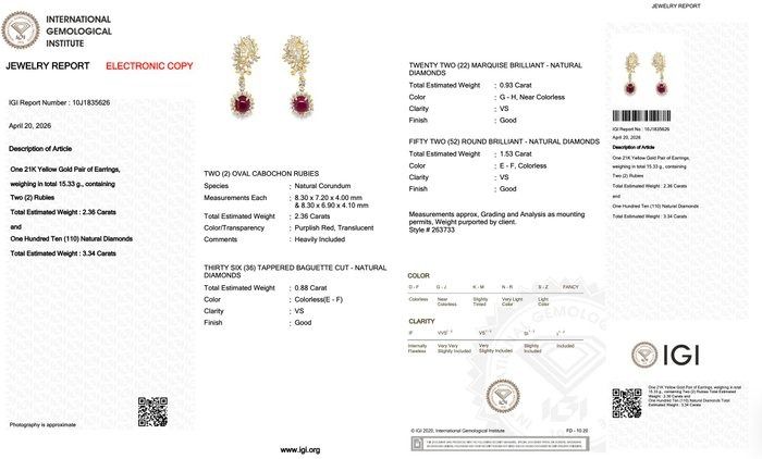 5,70 Karat IGI-zertifizierte Rubin- und Diamant-Ohrringe aus 21 Karat Gelbgold