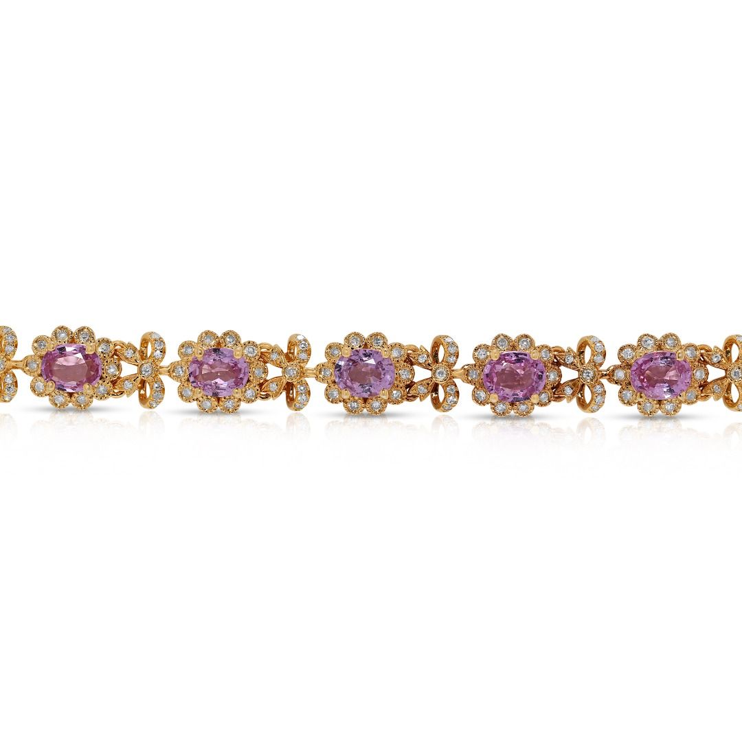 Charming 2.58ct Pink Sapphire and Natural Diamonds Bracelet in 18K Yellow Gold