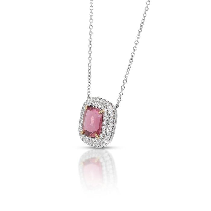 Alluring 2 carats Tourmaline and Natural Diamond Halo Necklace in 18k Two-Toned Gold with IGI