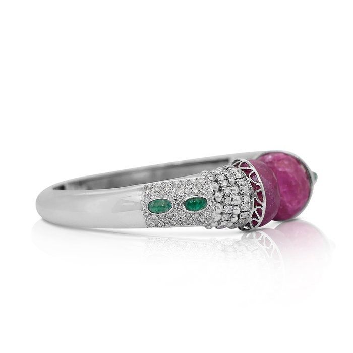 Gorgeous 16.80ct Emeralds, Rubies, and Diamonds Bangle in 14k White Gold