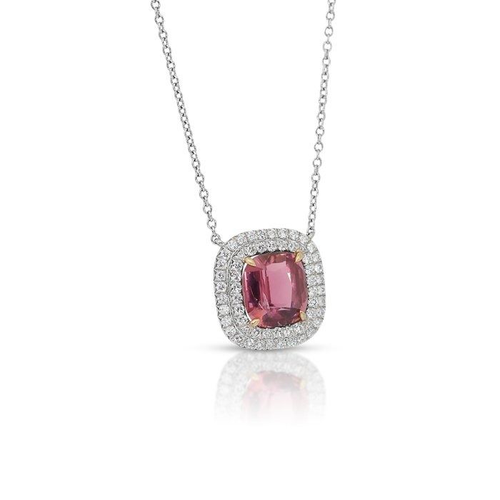 Alluring 2 carats Tourmaline and Natural Diamond Halo Necklace in 18k Two-Toned Gold with IGI