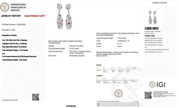 Captivating 24.53ct Tourmalines and Diamonds Drop Earrings in 18k White Gold - IGI Certified