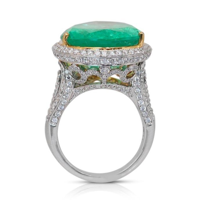 Glamorous 28.26ct Emerald and Diamonds Cluster Ring in 18k White Gold - GRS & IGI Certified