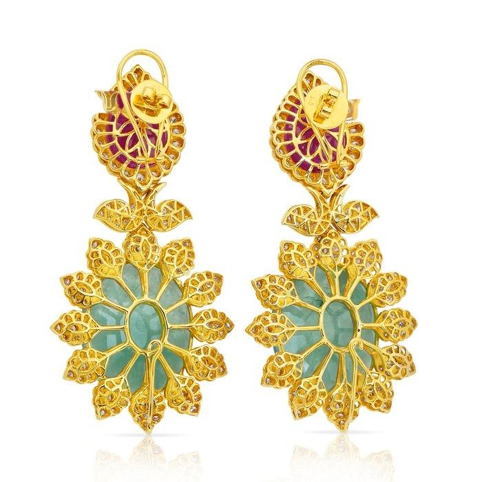 Beautiful 72.60ct Diamonds, Emeralds, and Rubies Drop Earrings in 18k Yellow Gold