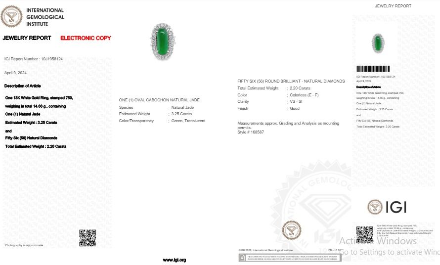 Elegant 3 carats and 25 points Jade with Natural Diamond Double Halo Ring in 18K White Gold with IGI