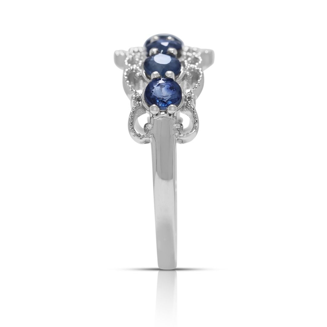 Intricate 0.61ct Sapphire and Natural Diamonds Ring in 18K White Gold