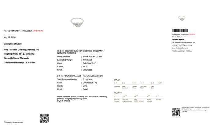 1.34 Carats IGI Certified Natural Diamond 18K White Gold 7-Stone Ring