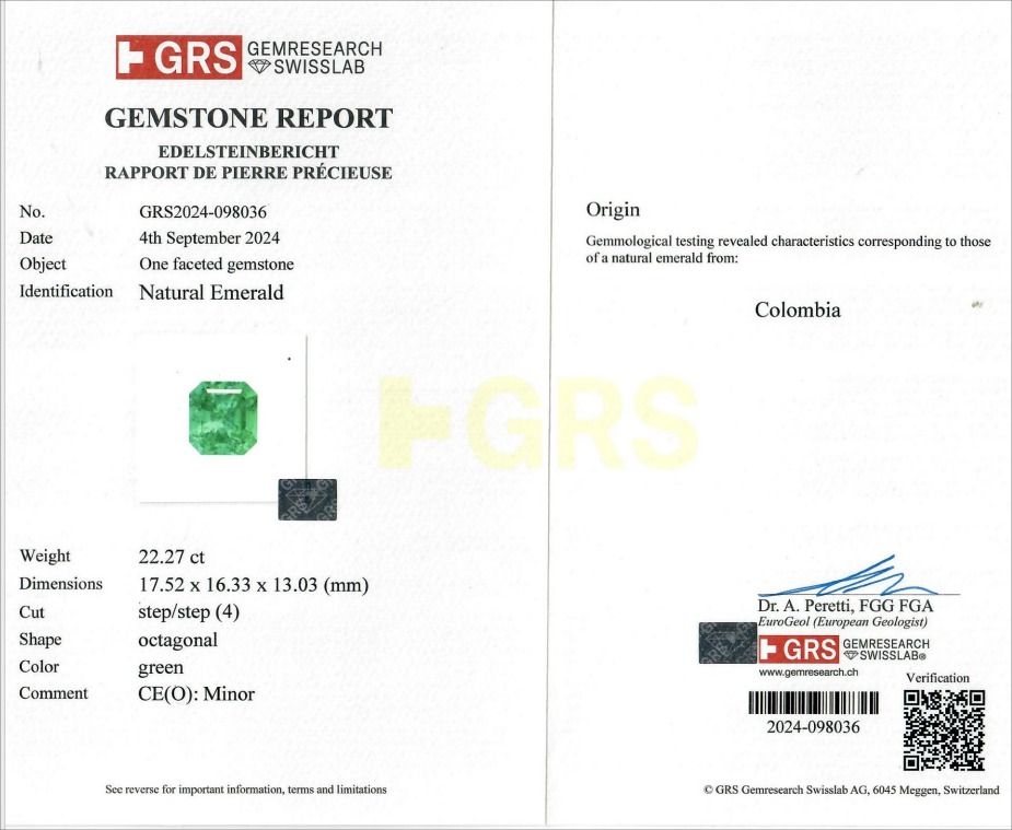 Rare GRS Certified Colombian 22.28ct Emerald Natural Gemstone