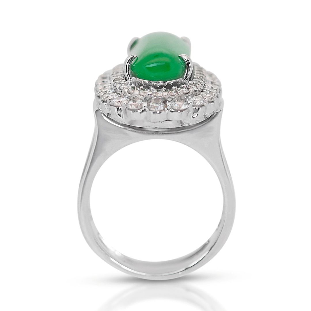 Elegant 3 carats and 25 points Jade with Natural Diamond Double Halo Ring in 18K White Gold with IGI