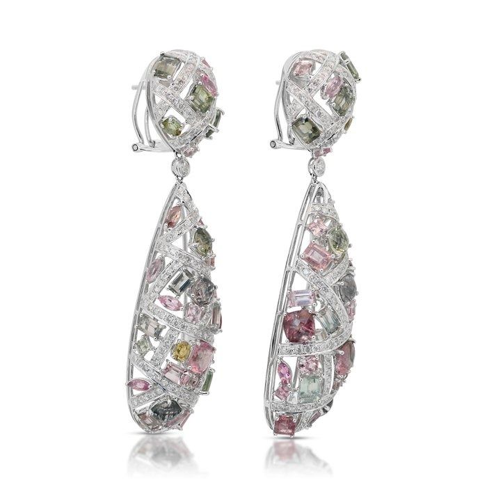 Captivating 24.53ct Tourmalines and Diamonds Drop Earrings in 18k White Gold - IGI Certified