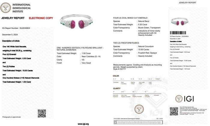 Gorgeous 16.80ct Emeralds, Rubies, and Diamonds Bangle in 14k White Gold