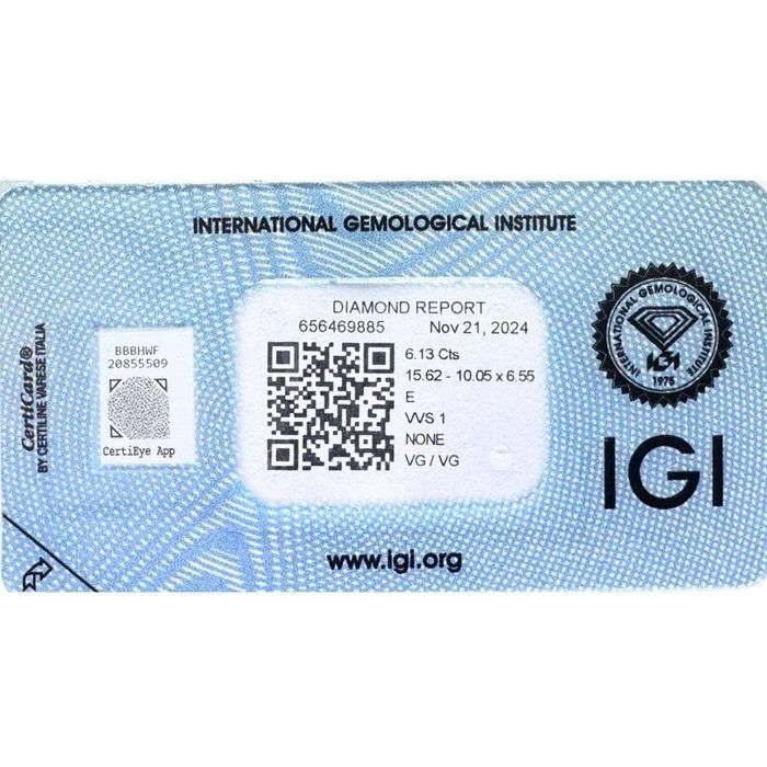 Radiant 6.13ct Pear-Shaped Natural Diamond - IGI Certified