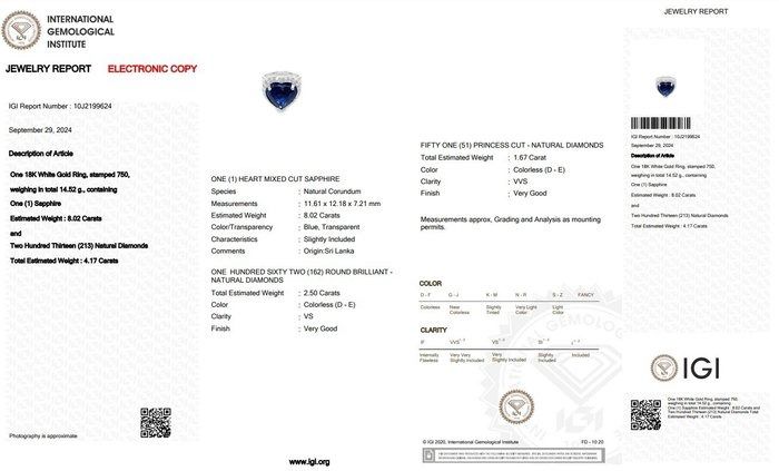 Fabulous 18.14ct Heart Shape Dome Sapphire Ring with Side Diamonds - GRS & IGI Certified