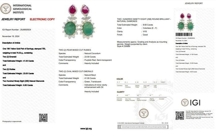 Beautiful 72.60ct Diamonds, Emeralds, and Rubies Drop Earrings in 18k Yellow Gold