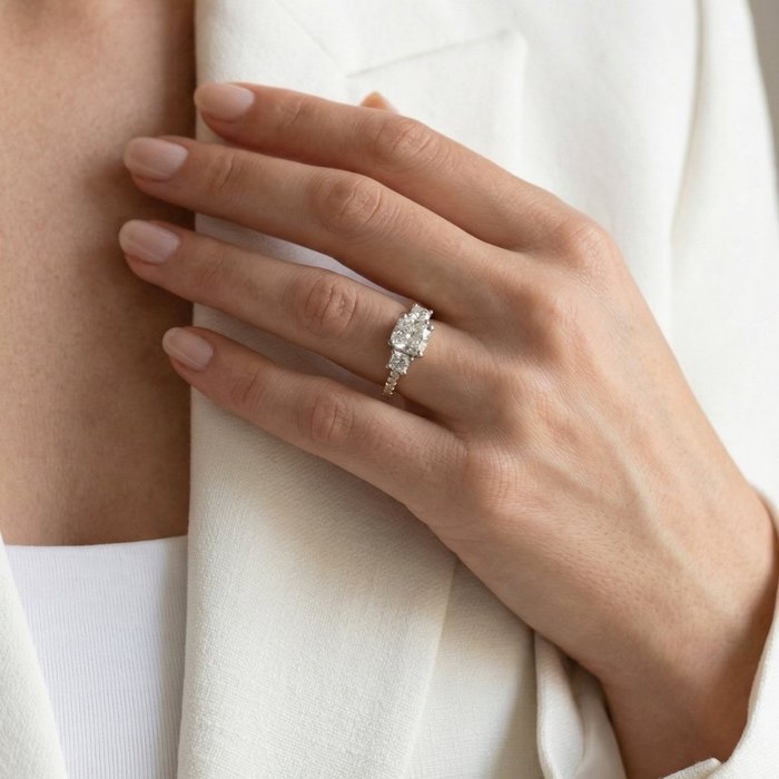 1.40 Carats GCI Certified Natural Diamond 18K White And Yellow Gold 3-Stone Ring