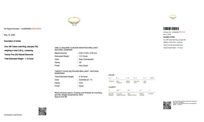 1.19 Carats IGI Certified Natural Diamond 18K Yellow Gold Pave Ring