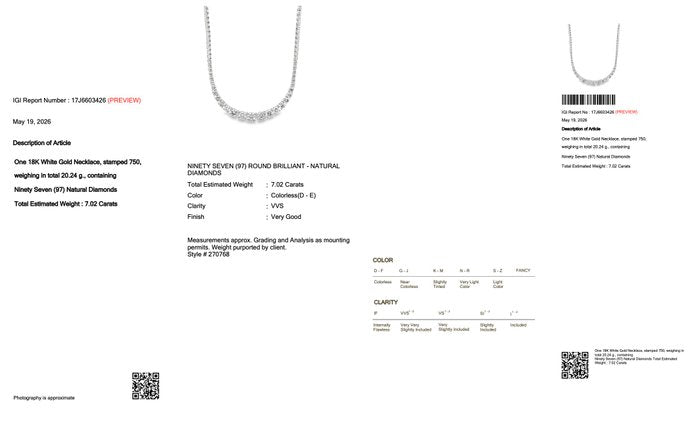 7.02 Carats IGI Certified Natural Diamond 18K White Gold Necklace
