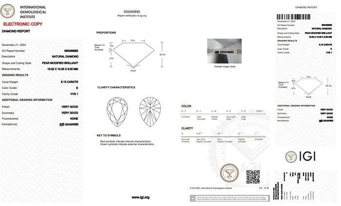 Radiant 6.13ct Pear-Shaped Natural Diamond - IGI Certified