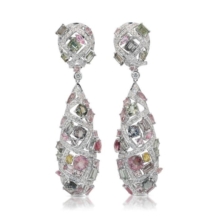Captivating 24.53ct Tourmalines and Diamonds Drop Earrings in 18k White Gold - IGI Certified