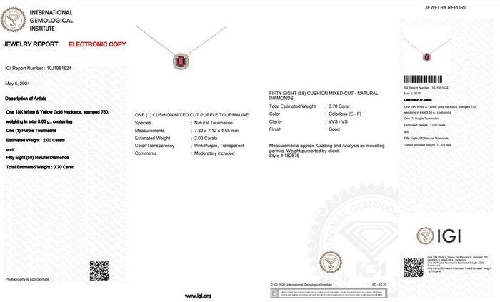 Alluring 2 carats Tourmaline and Natural Diamond Halo Necklace in 18k Two-Toned Gold with IGI