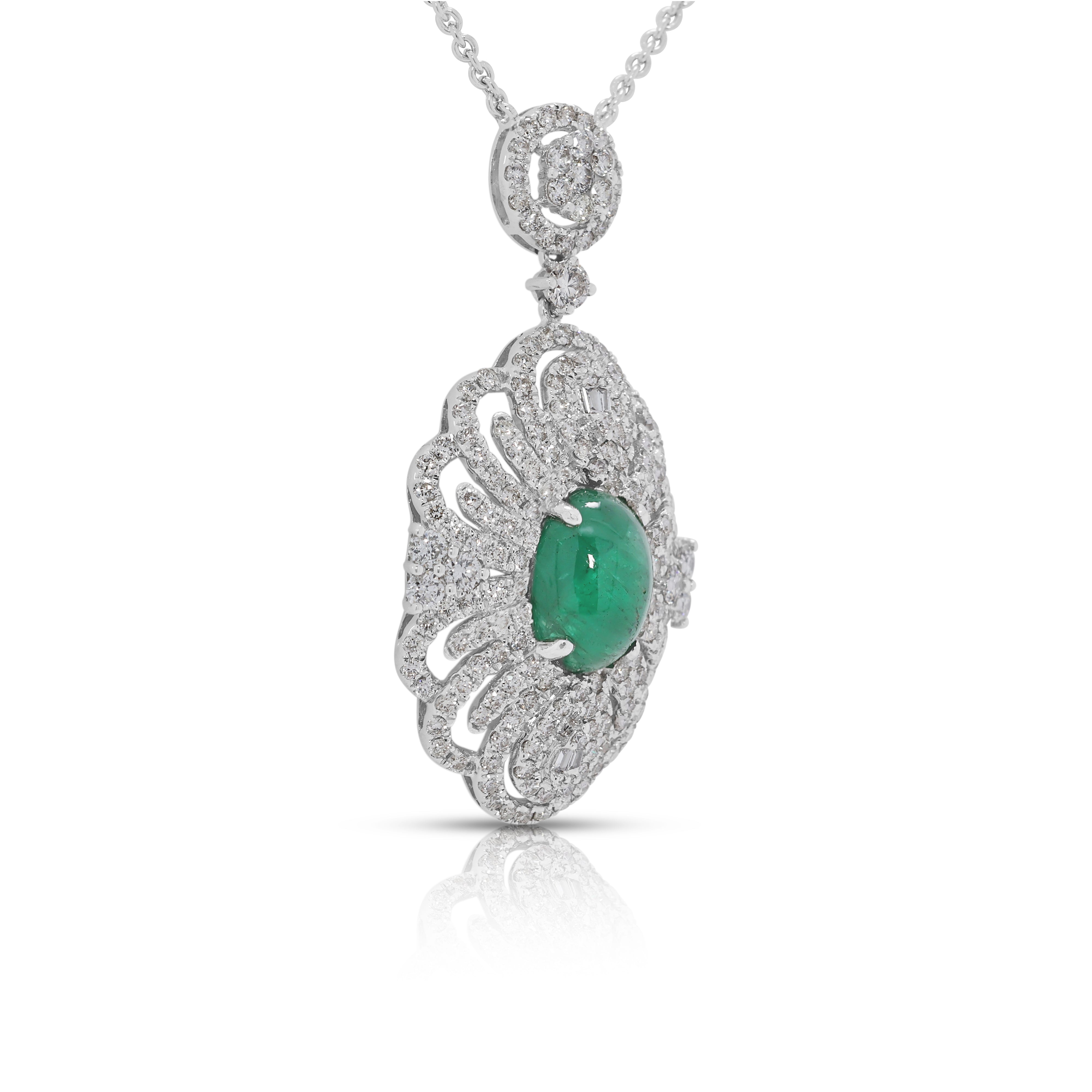 Vintage-Inspired 5.63ct Emerald & Natural Diamond Necklace in 18K White Gold