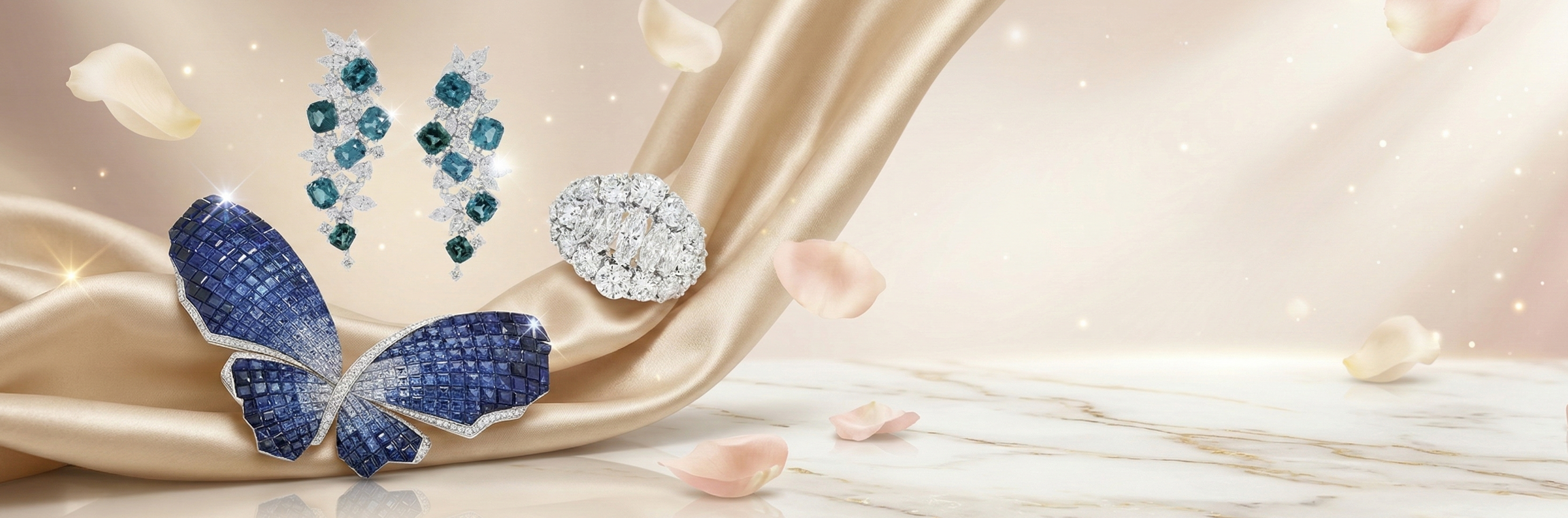 Butterfly-shaped jewelry with blue and silver accents on a soft fabric background