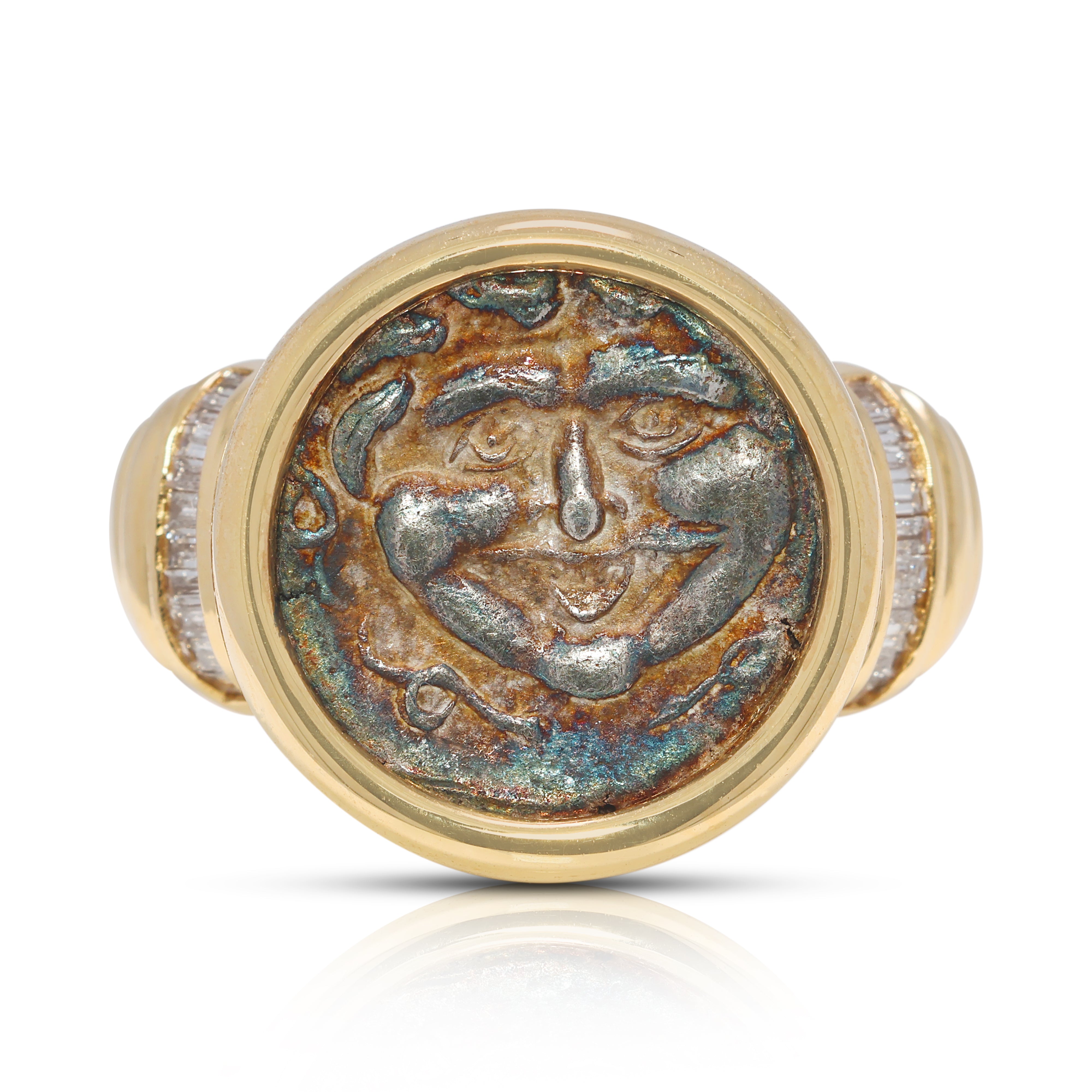 Bold 0.12ct Natural Diamond Medusa Coin Ring in 18K Yellow Gold