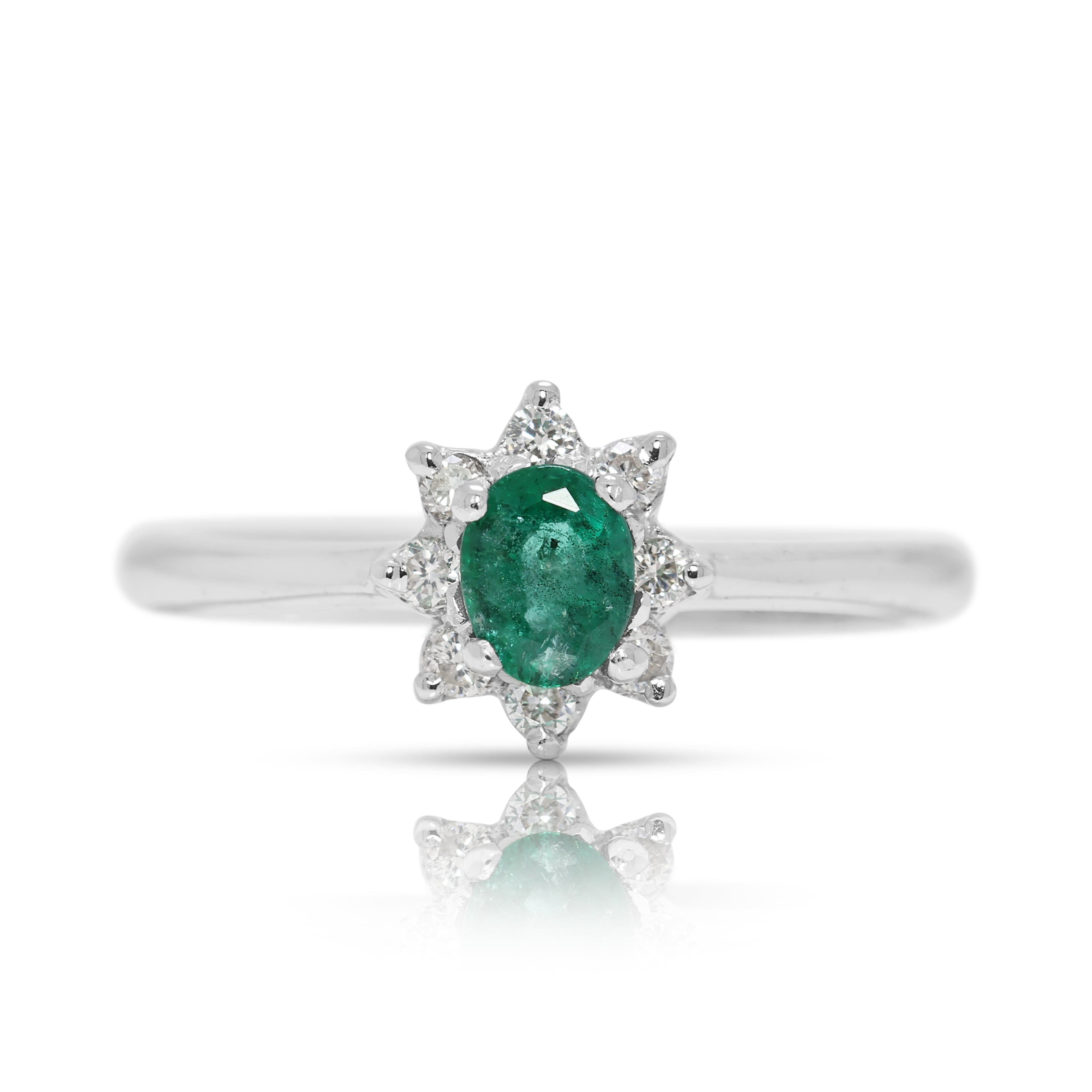 Delicate 0.15ct Emerald & Natural Diamond Halo Ring in 18K White Gold