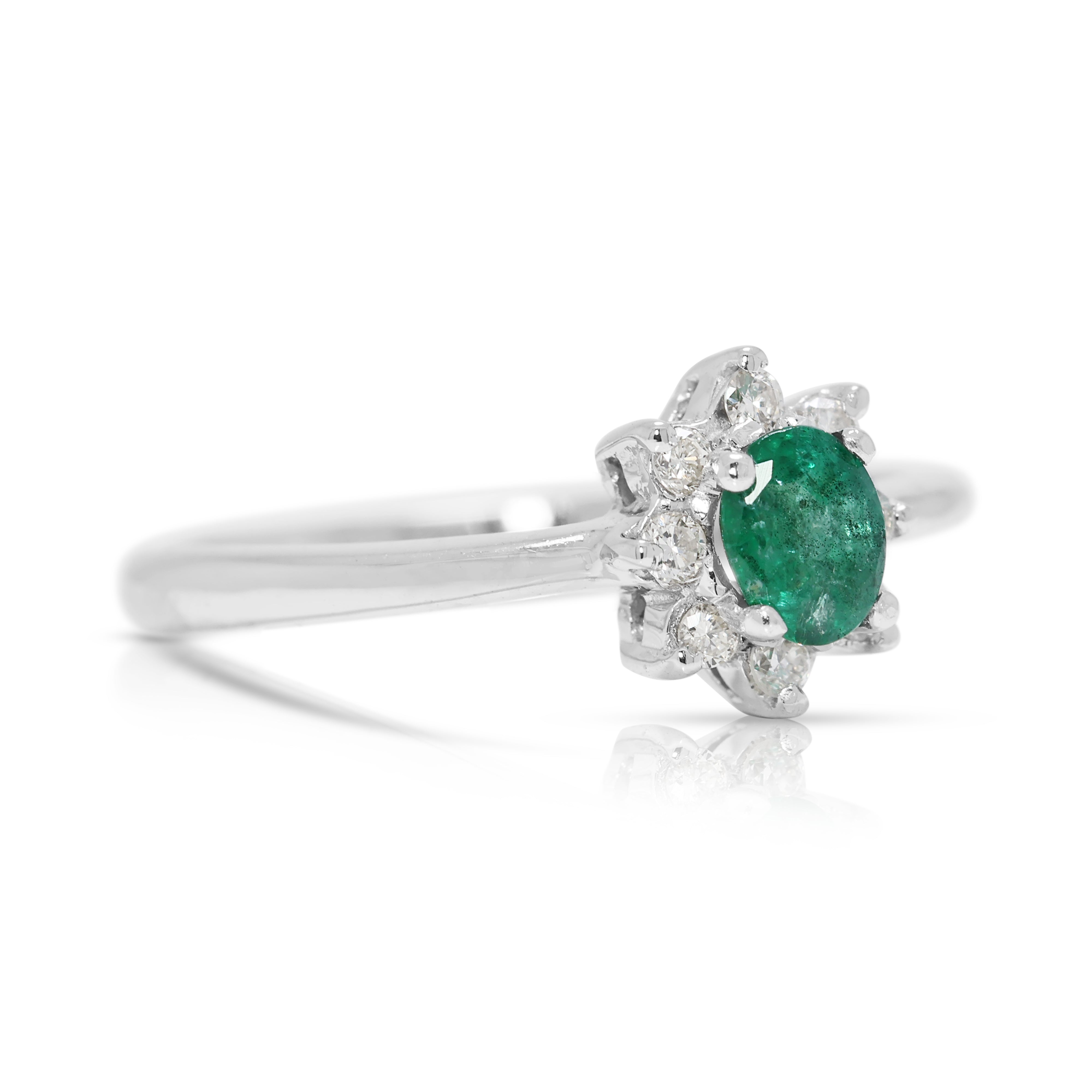 Delicate 0.15ct Emerald & Natural Diamond Halo Ring in 18K White Gold