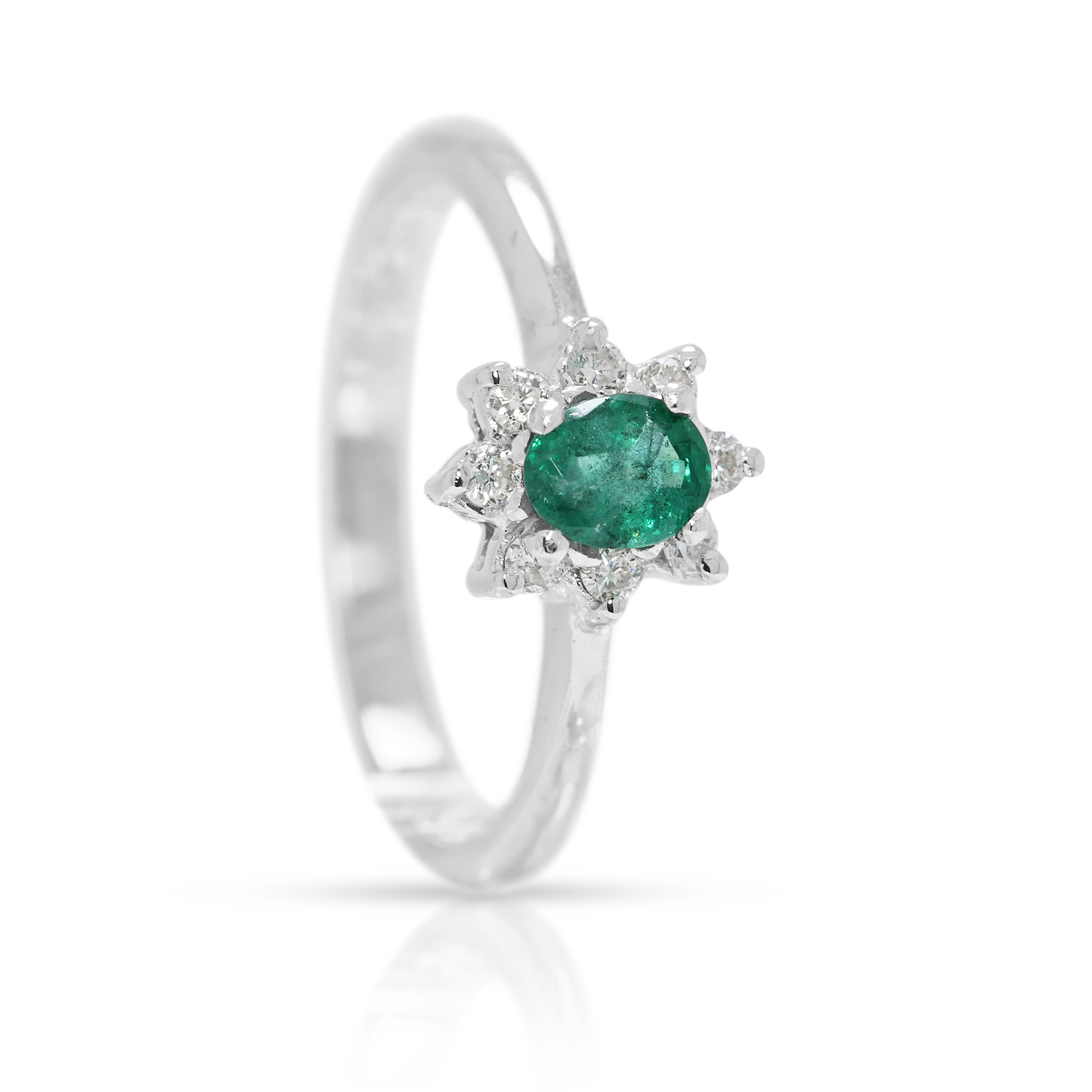 Delicate 0.15ct Emerald & Natural Diamond Halo Ring in 18K White Gold