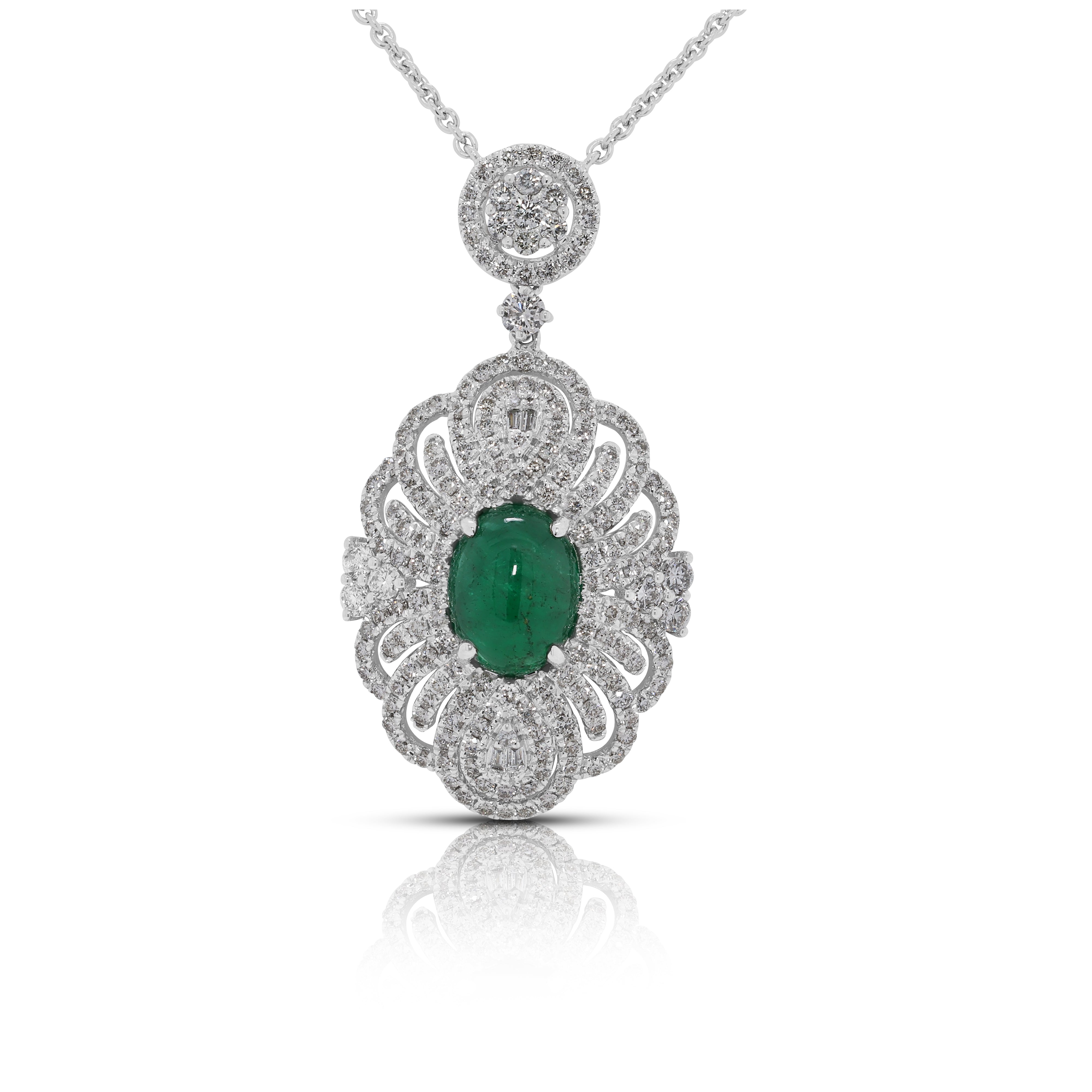 Vintage-Inspired 5.63ct Emerald & Natural Diamond Necklace in 18K White Gold