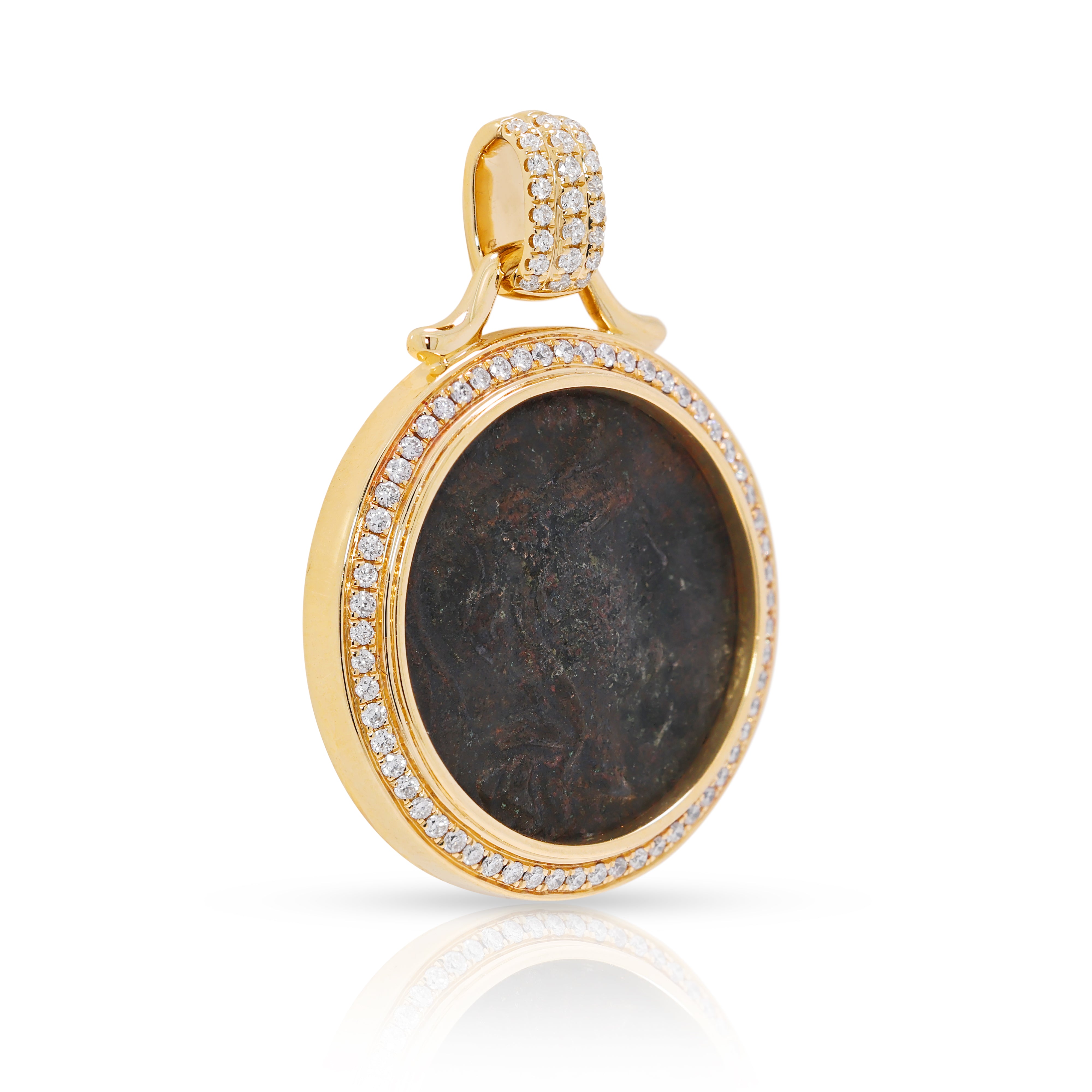 Athena Ancient Greek Coin Pendant in 18K Yellow Gold with 0.44ct Natural Diamond Halo