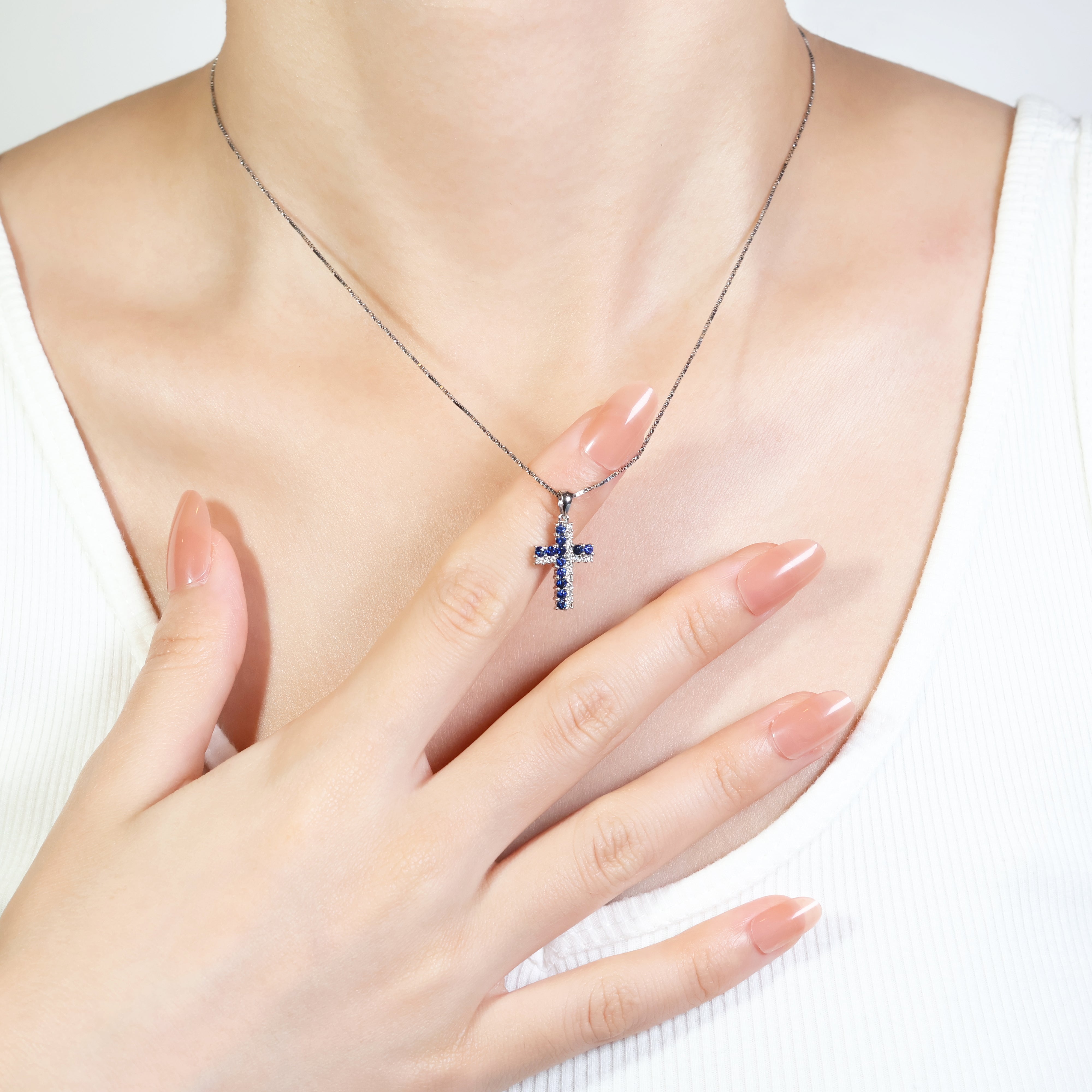 Timeless 0.42ct Sapphire with Natural Diamond Cross Pendant in 18K White Gold