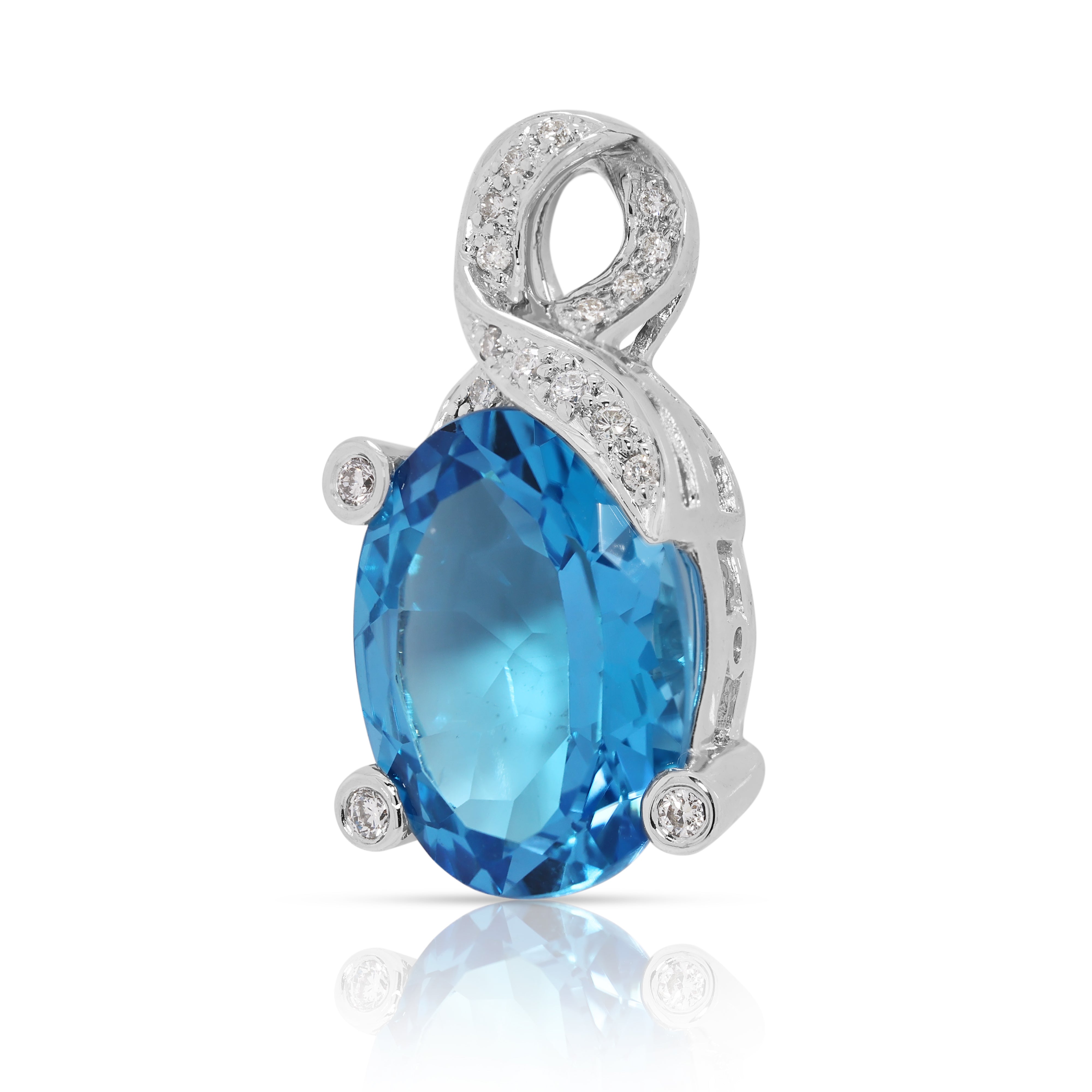 Striking 10.22ct Blue Topaz & Natural Diamond Pendant in 18K White Gold