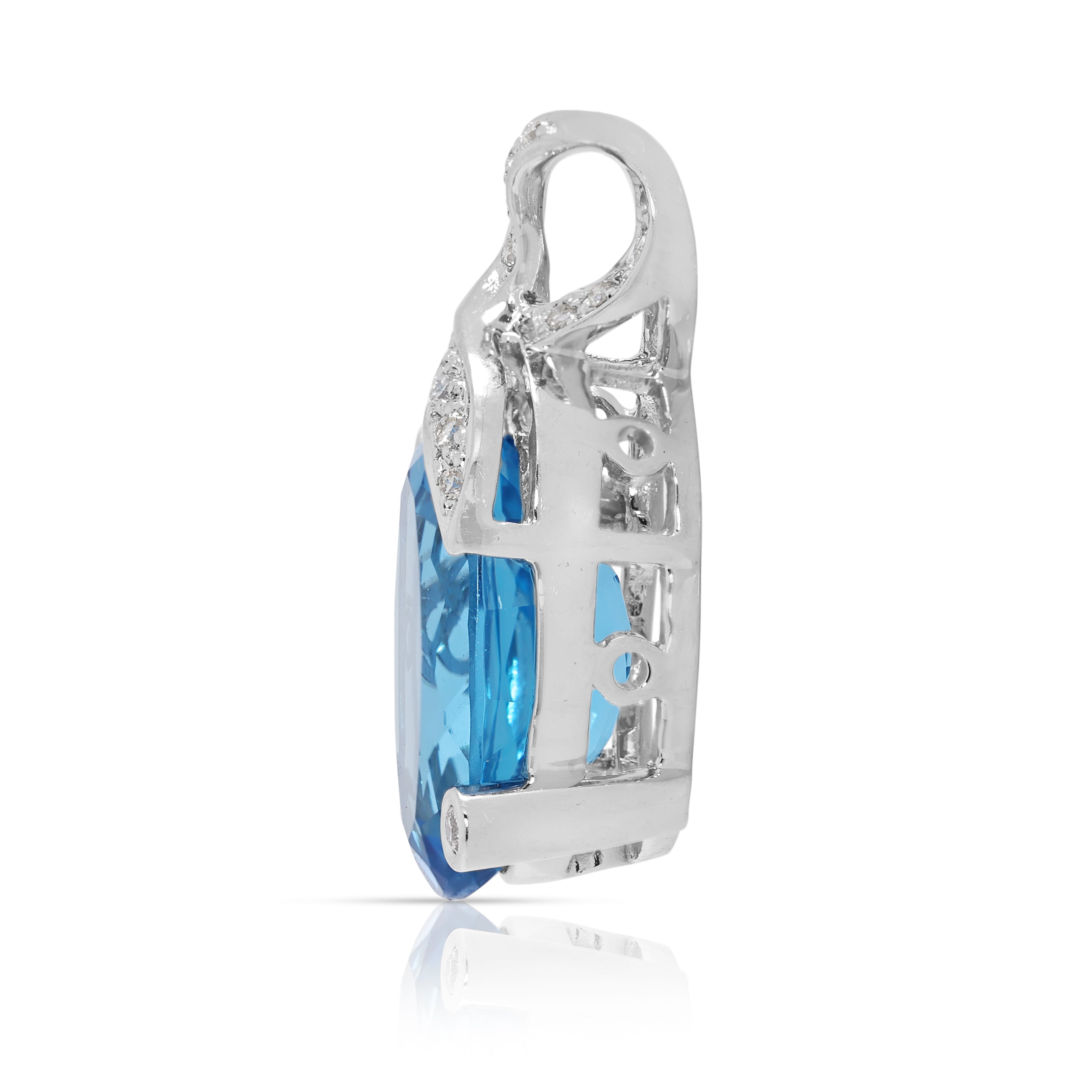 Striking 10.22ct Blue Topaz & Natural Diamond Pendant in 18K White Gold