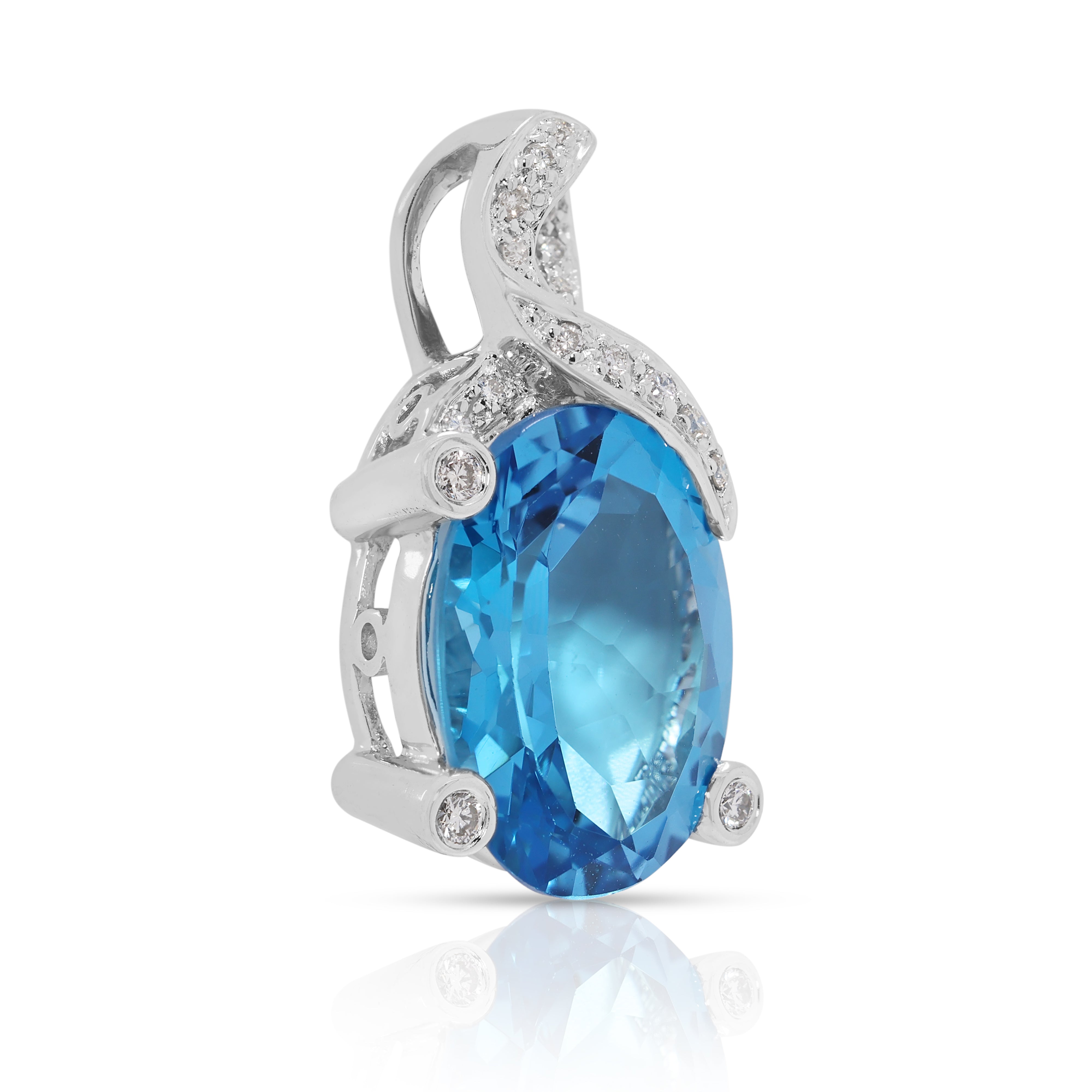 Striking 10.22ct Blue Topaz & Natural Diamond Pendant in 18K White Gold