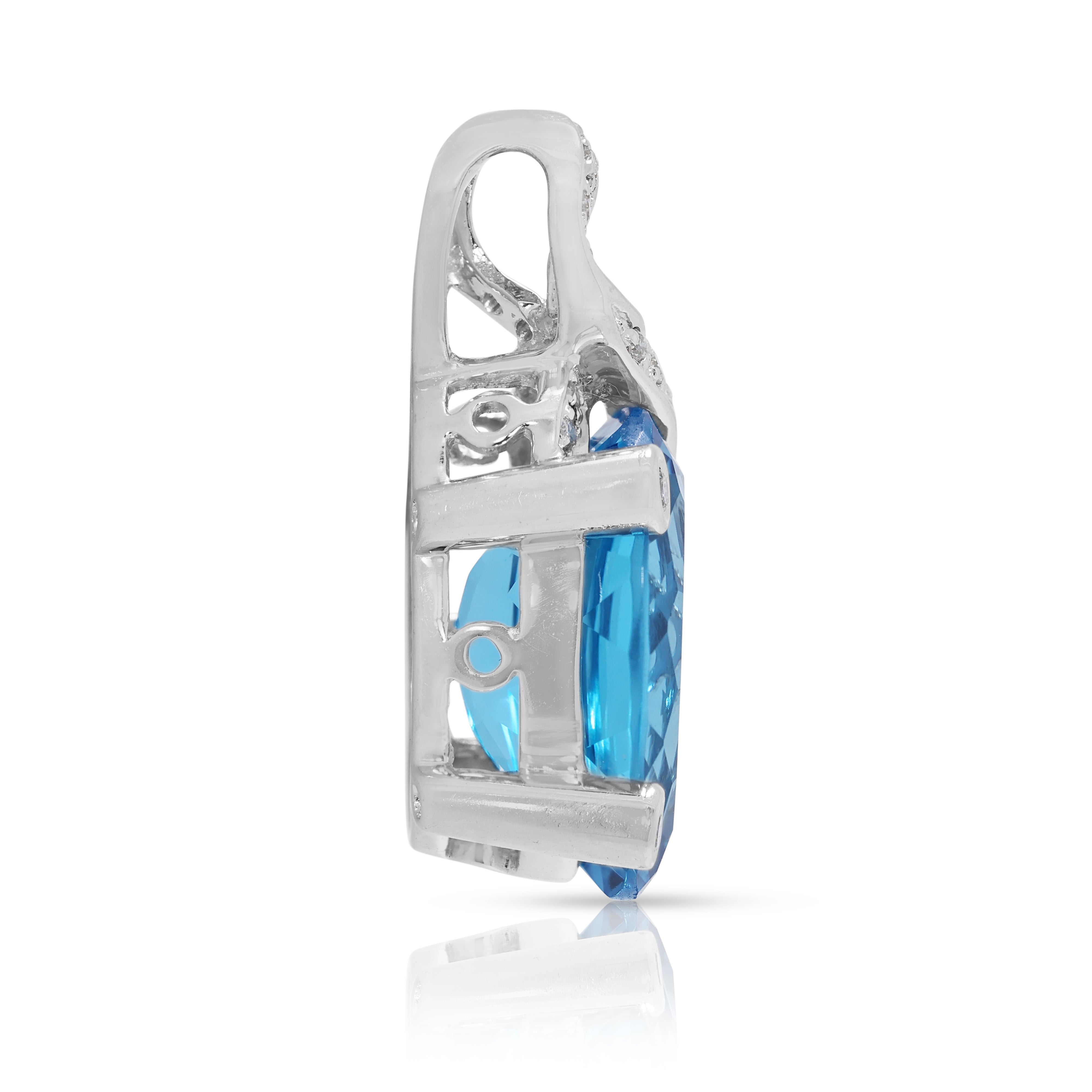 Striking 10.22ct Blue Topaz & Natural Diamond Pendant in 18K White Gold
