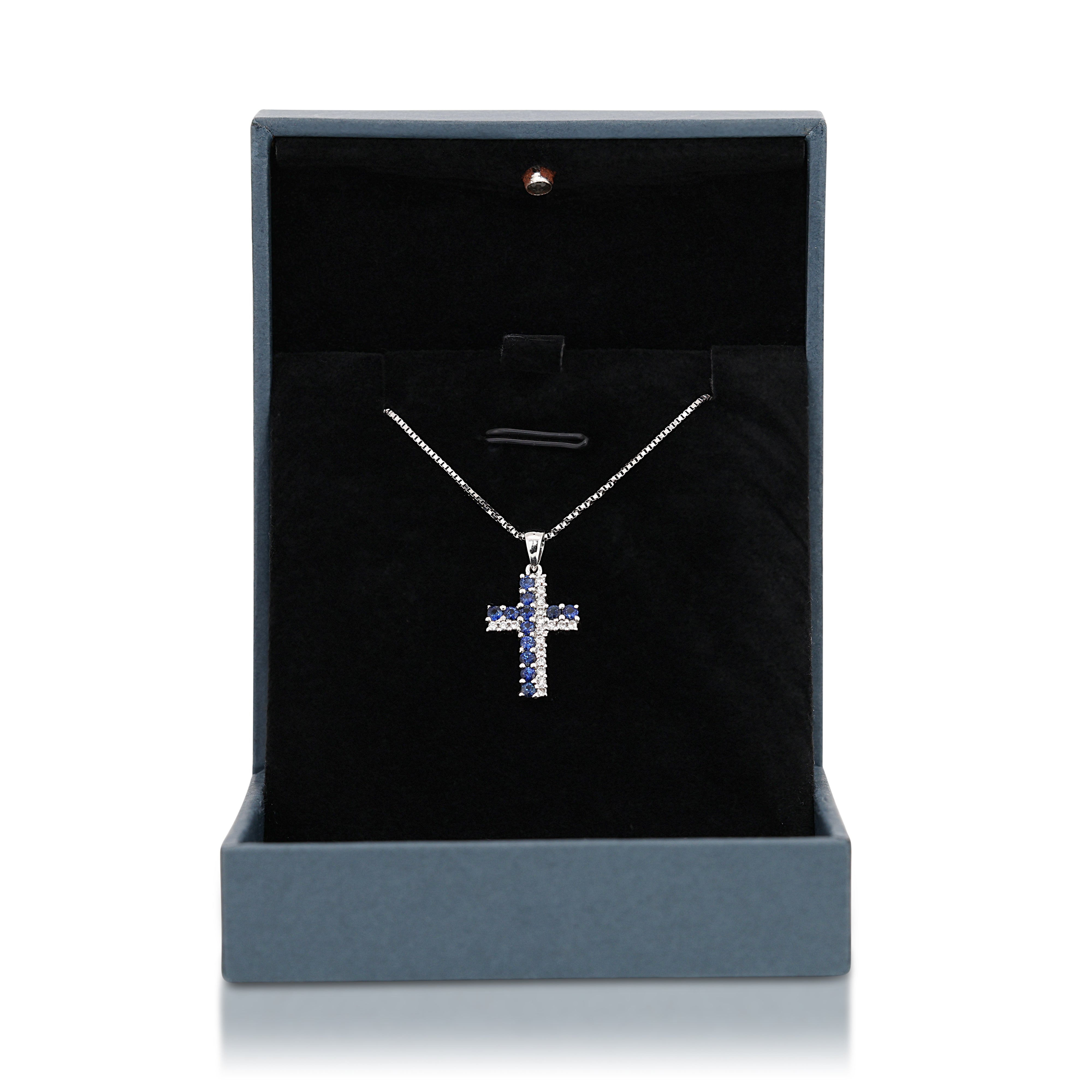 Timeless 0.42ct Sapphire with Natural Diamond Cross Pendant in 18K White Gold
