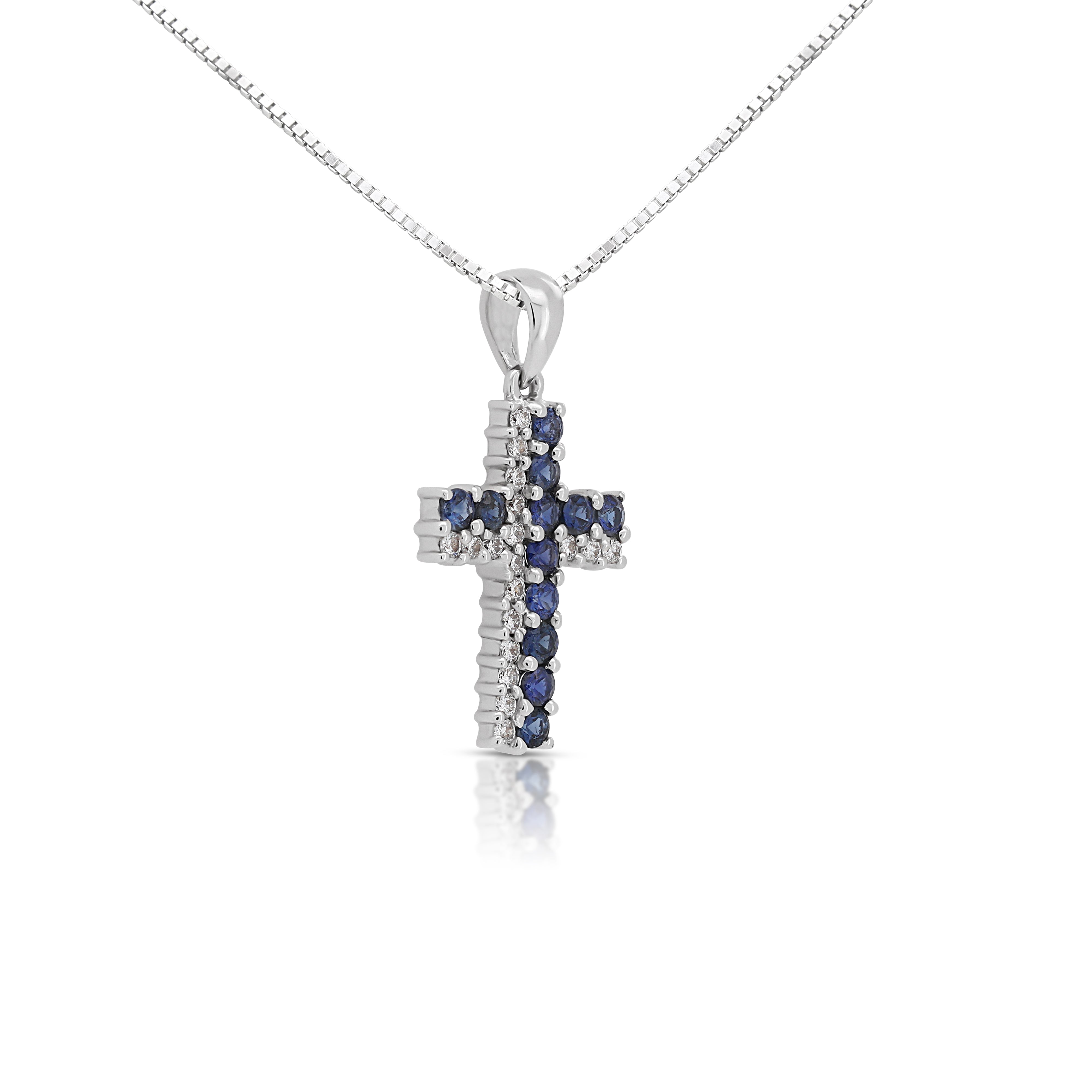 Timeless 0.42ct Sapphire with Natural Diamond Cross Pendant in 18K White Gold