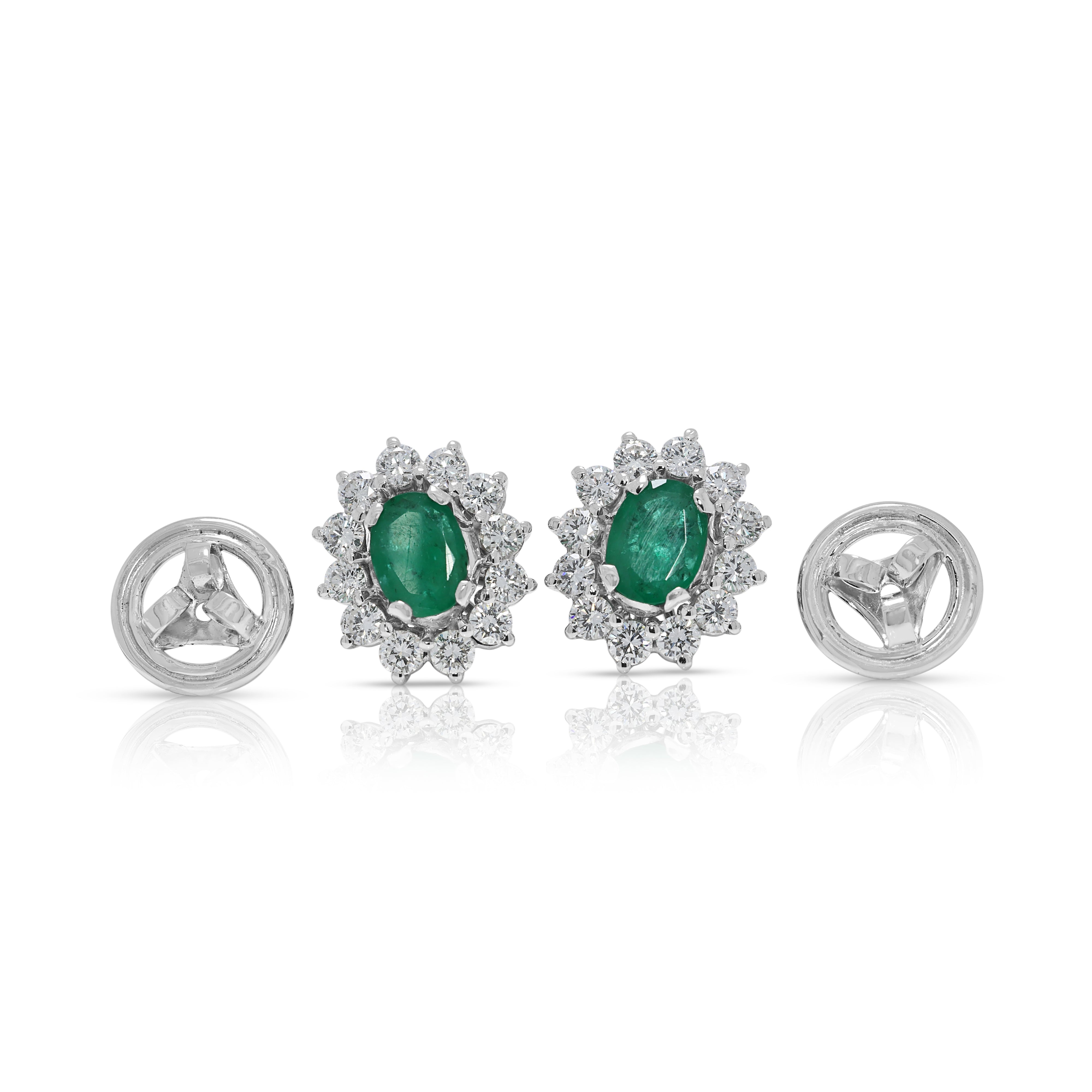 Breathtaking 11.40ct Emerald & Natural Diamond Cluster Stud Earrings in 18K White Gold – IGI Certified