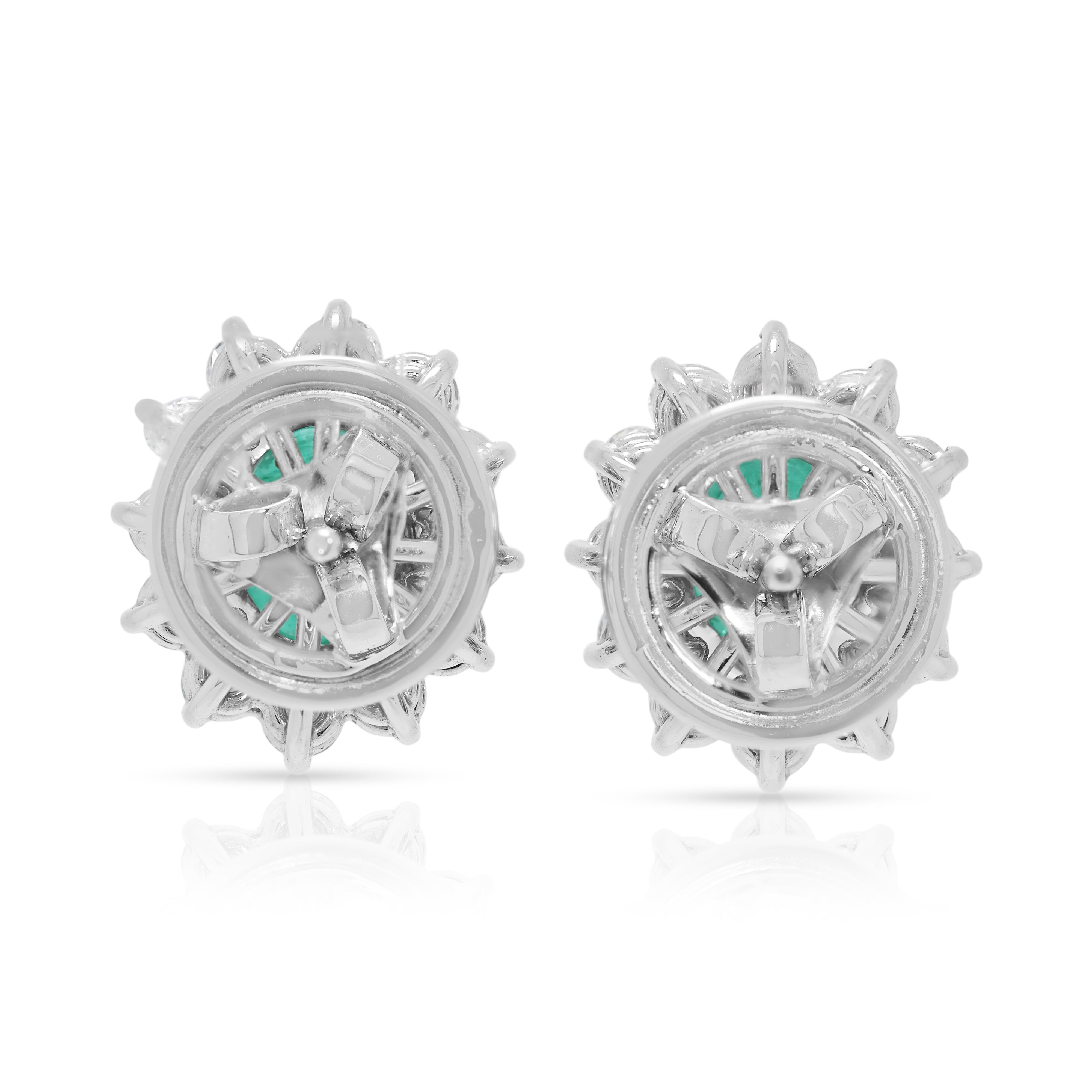 Breathtaking 11.40ct Emerald & Natural Diamond Cluster Stud Earrings in 18K White Gold – IGI Certified