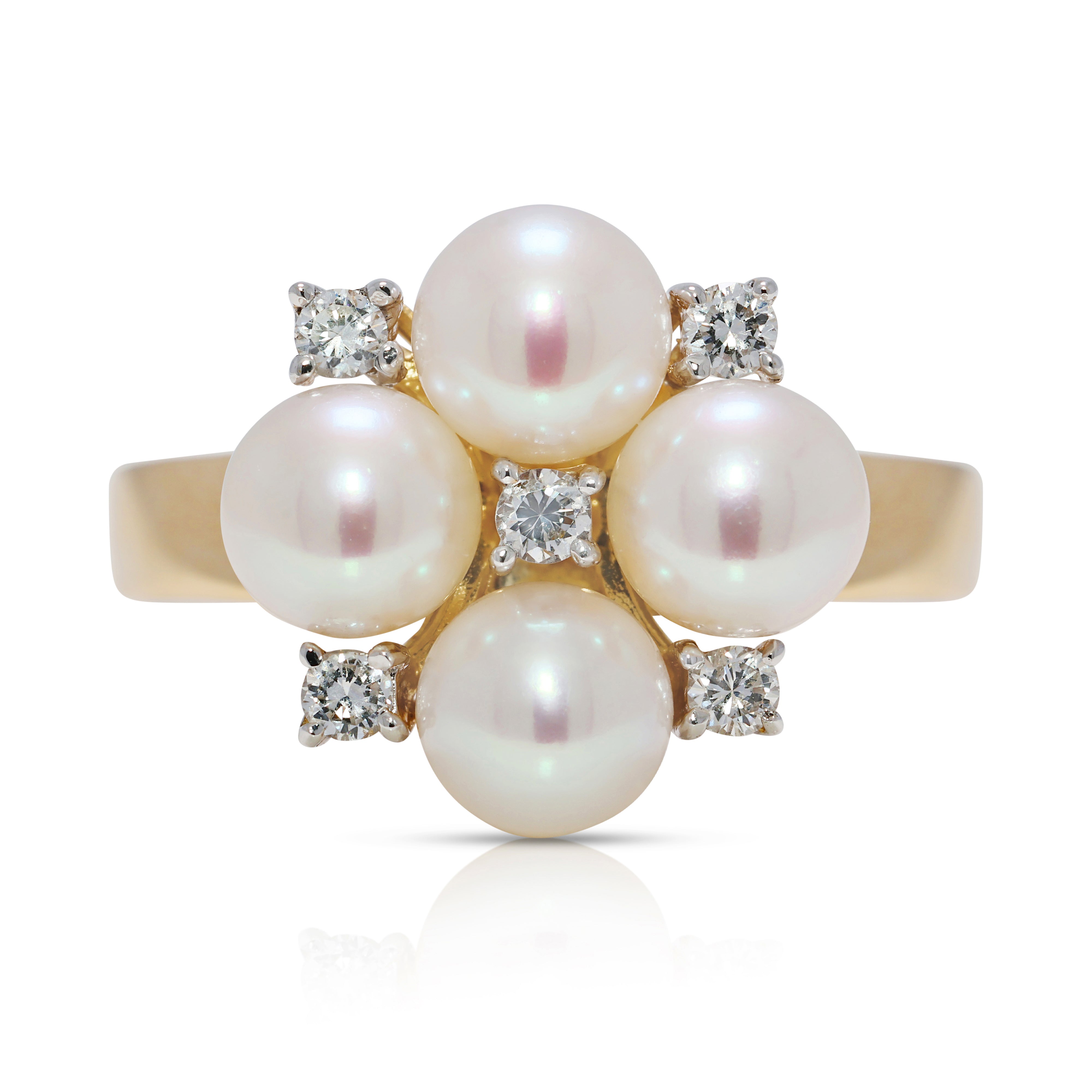 Luminous 5mm Akoya Pearl & 0.1ct Natural Diamond Cluster Ring in 18K Yellow Gold (New)