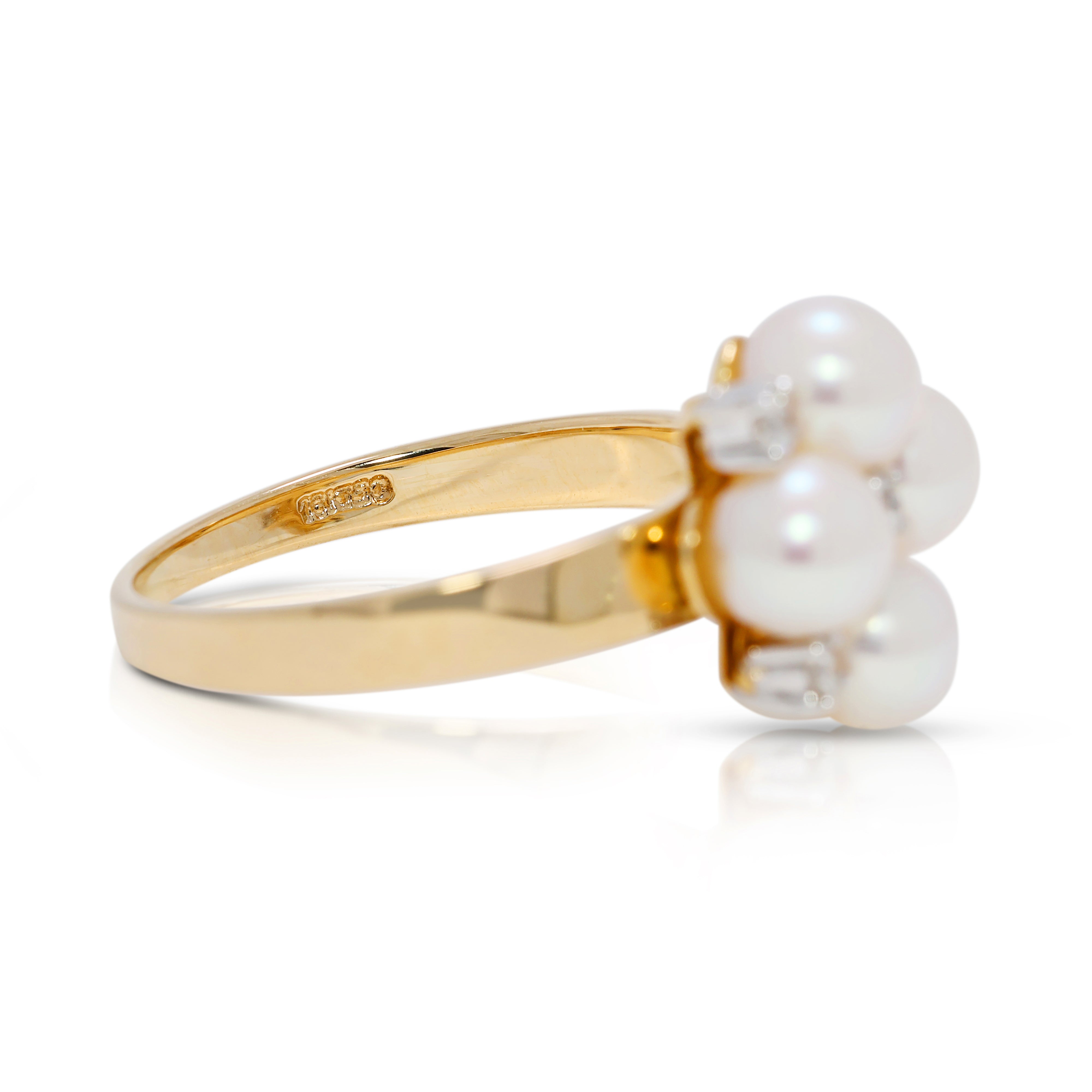 Luminous 5mm Akoya Pearl & 0.1ct Natural Diamond Cluster Ring in 18K Yellow Gold (New)