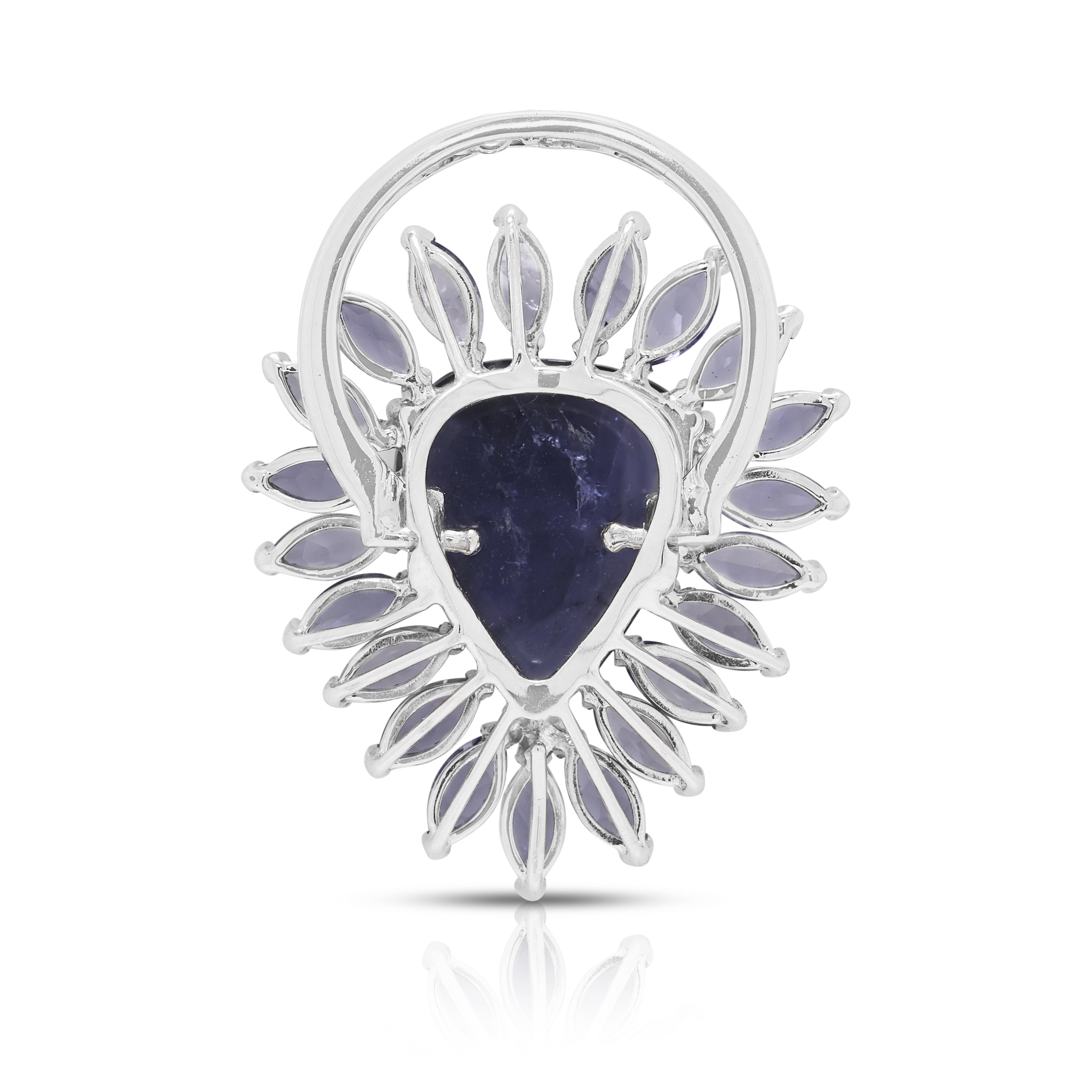Magnificent 14.15ct Iolite and 0.24ct Natural Diamond Convertible Ring/Pendant in 18K White Gold