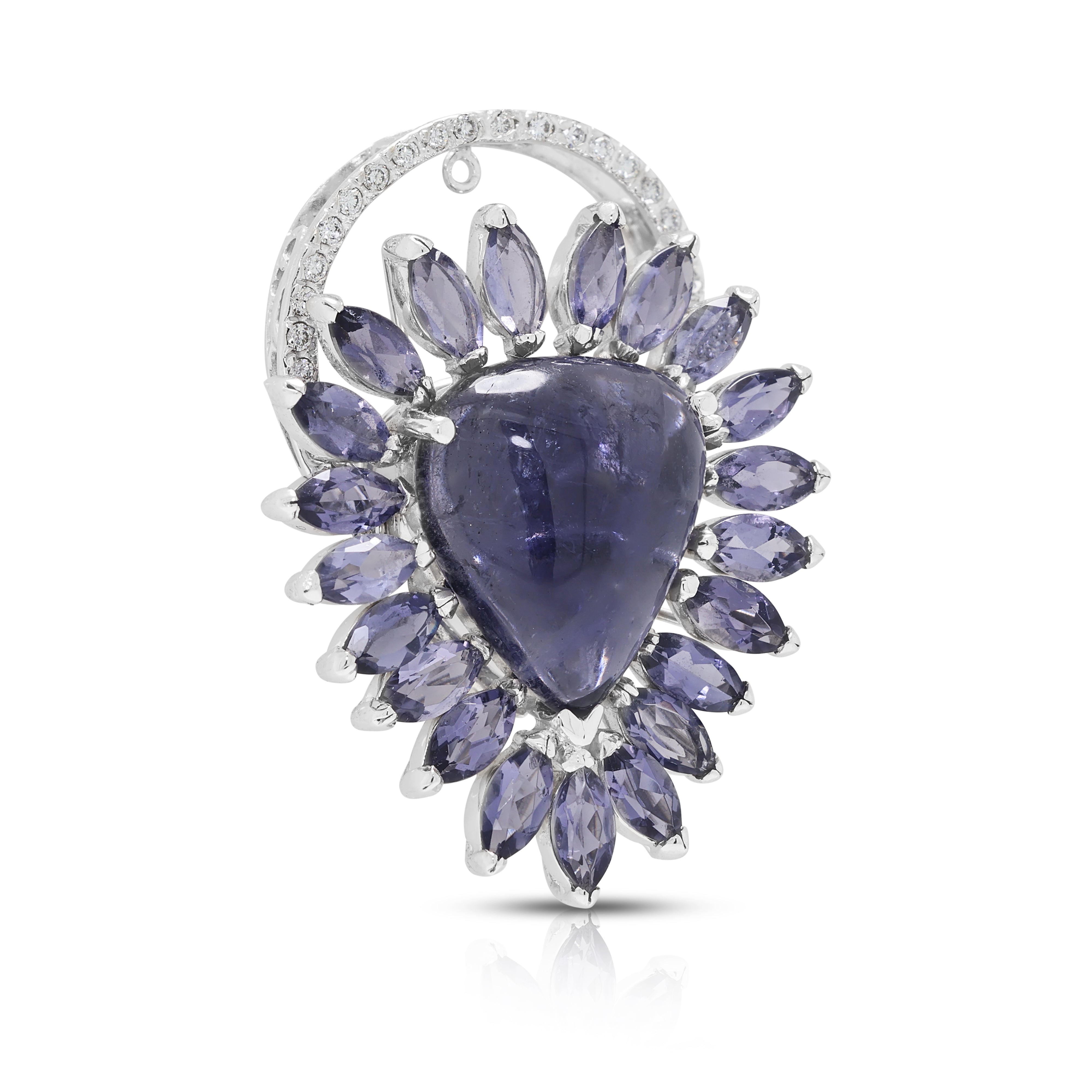 Magnificent 14.15ct Iolite and 0.24ct Natural Diamond Convertible Ring/Pendant in 18K White Gold