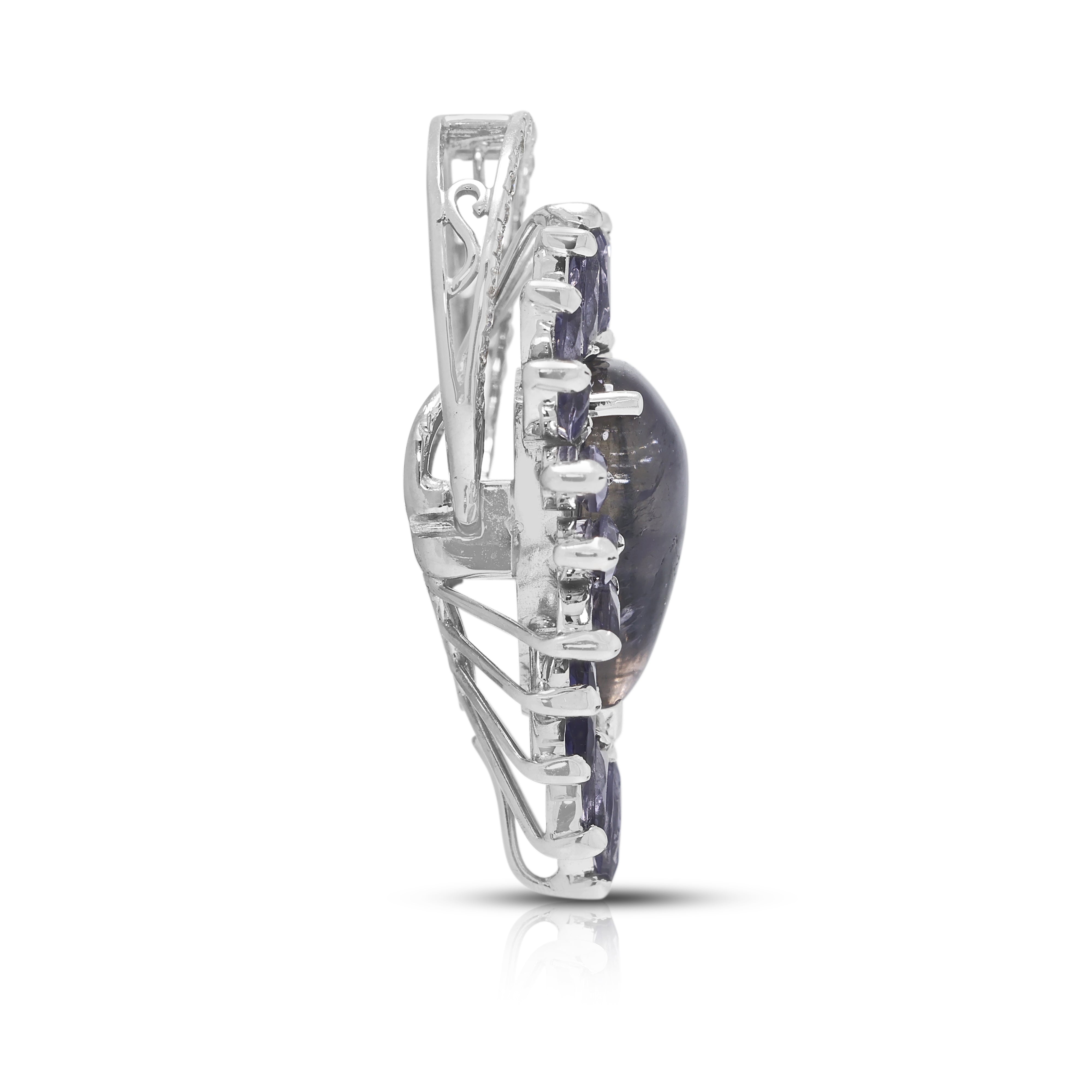Magnificent 14.15ct Iolite and 0.24ct Natural Diamond Convertible Ring/Pendant in 18K White Gold