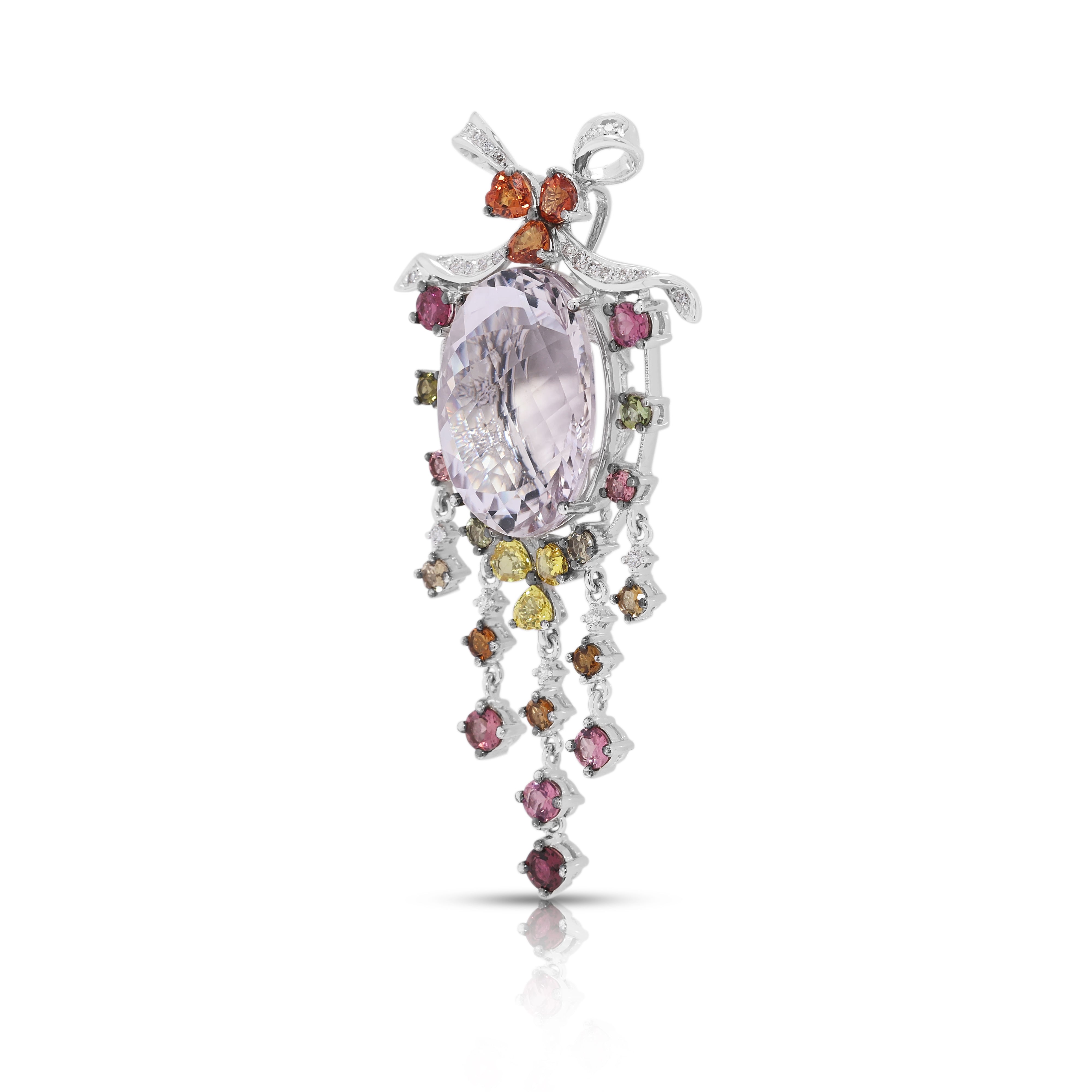 Exquisite 44.65ct Kunzite & Multi-Gemstone Pendant in 18K White Gold