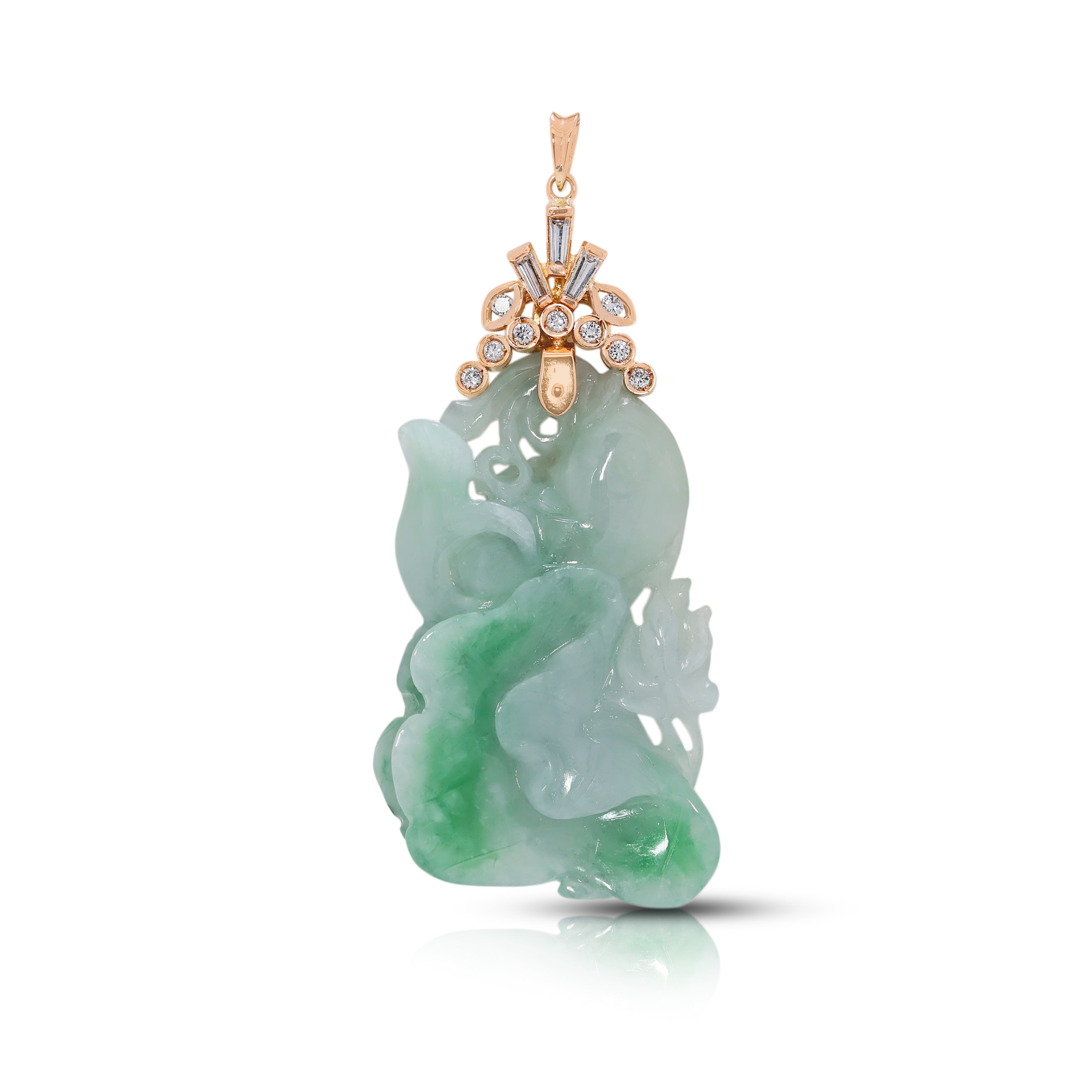 Striking 0.21ct Natural Diamond & Carved Jade Pendant in 20K Yellow Gold